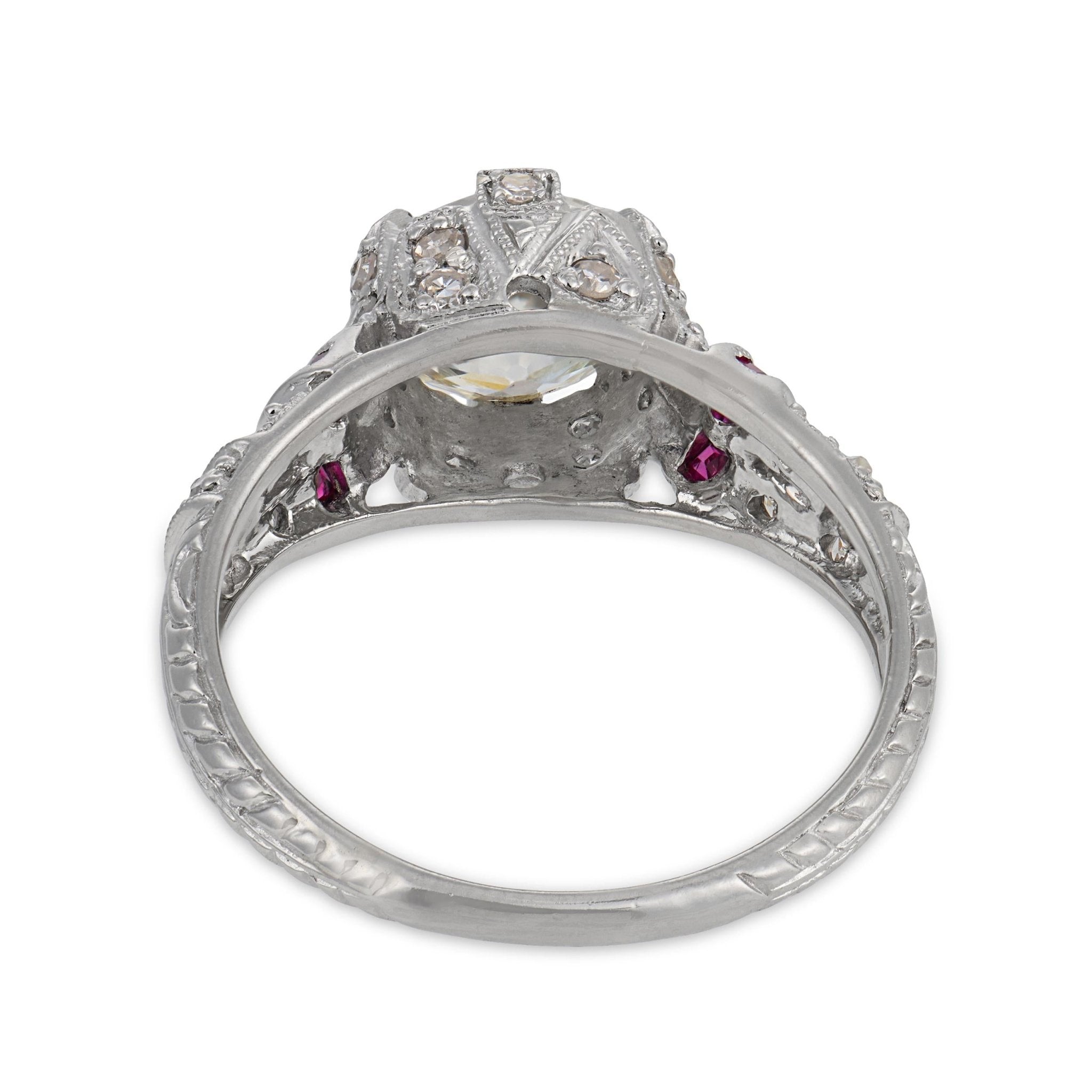 Art Deco style GIA 1.63 old European cut diamond ruby platinum engagement ring