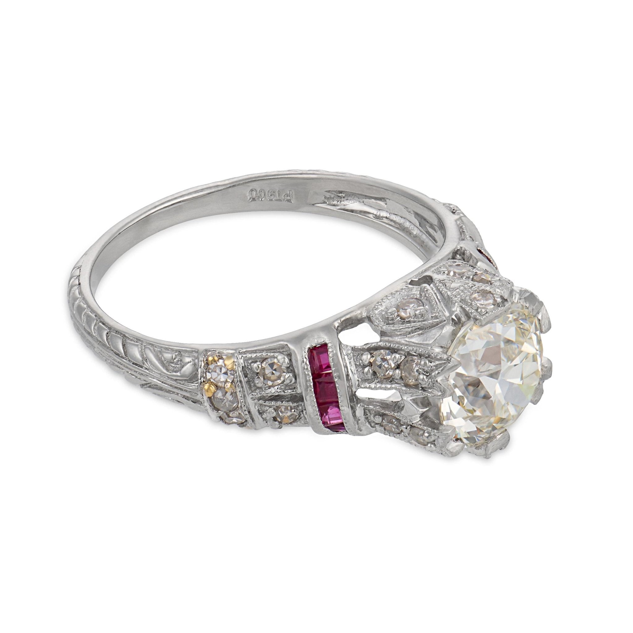 Art Deco style GIA 1.63 old European cut diamond ruby platinum engagement ring