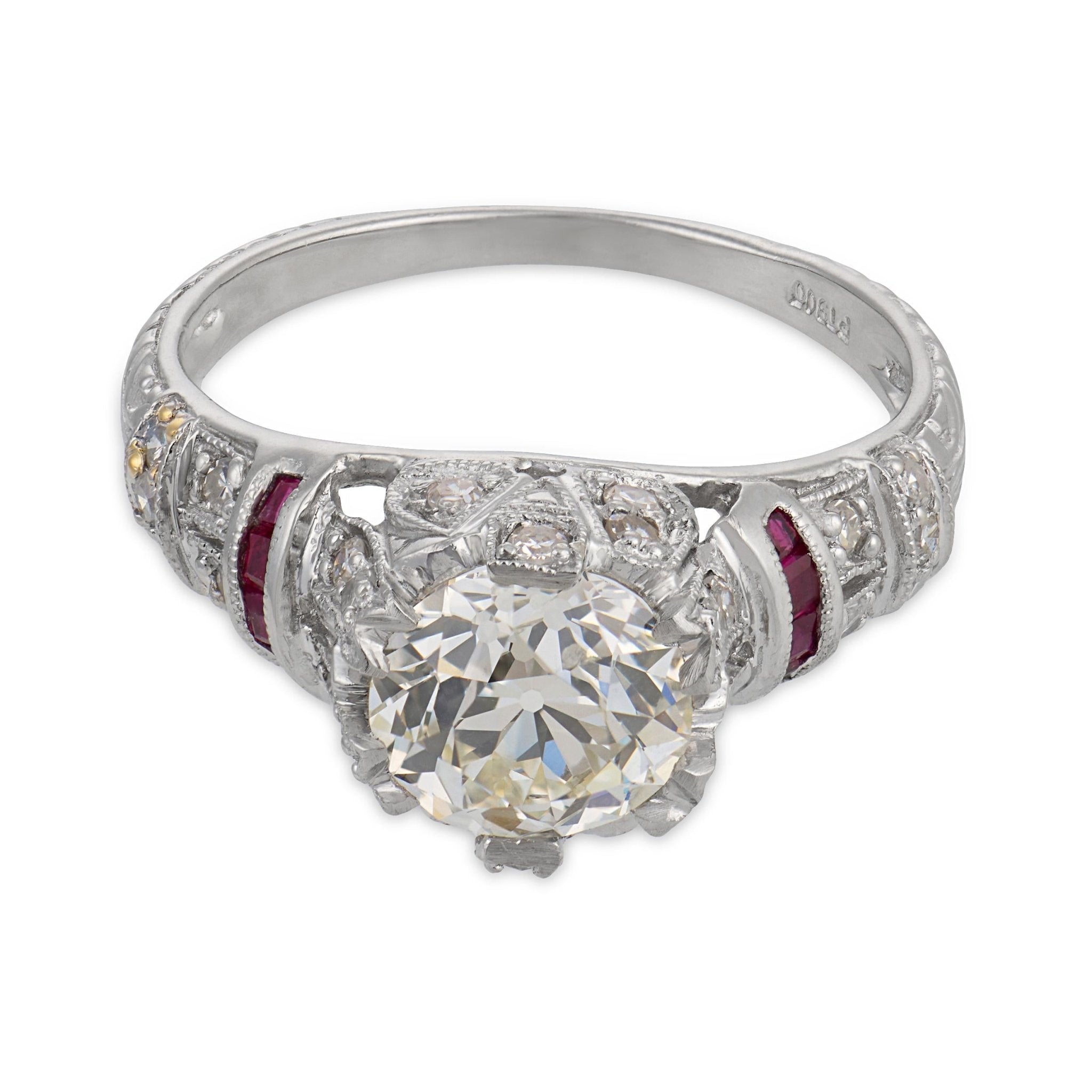 Art Deco style GIA 1.63 old European cut diamond ruby platinum engagement ring