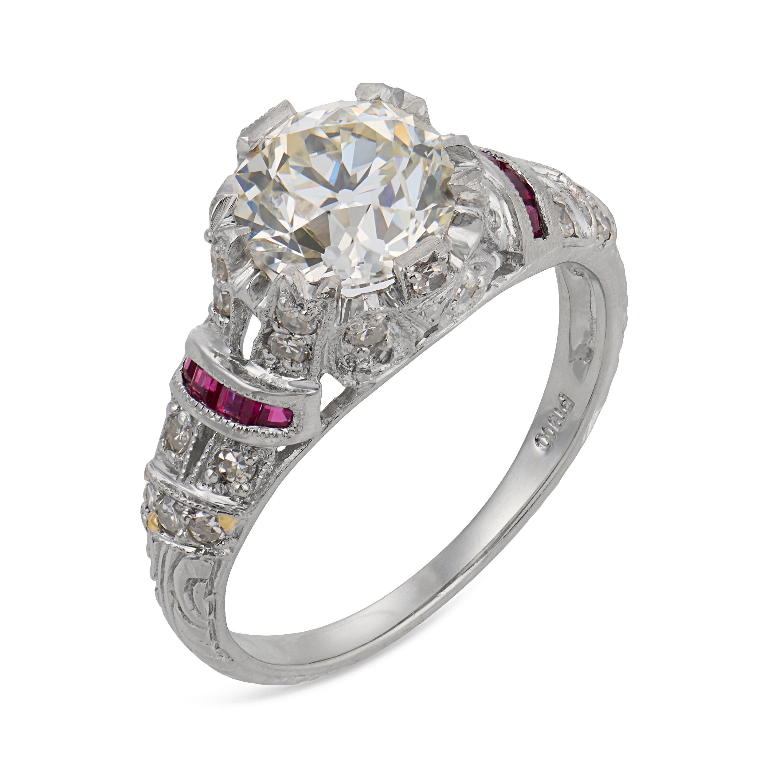 Art Deco style GIA 1.63 old European cut diamond ruby platinum engagement ring
