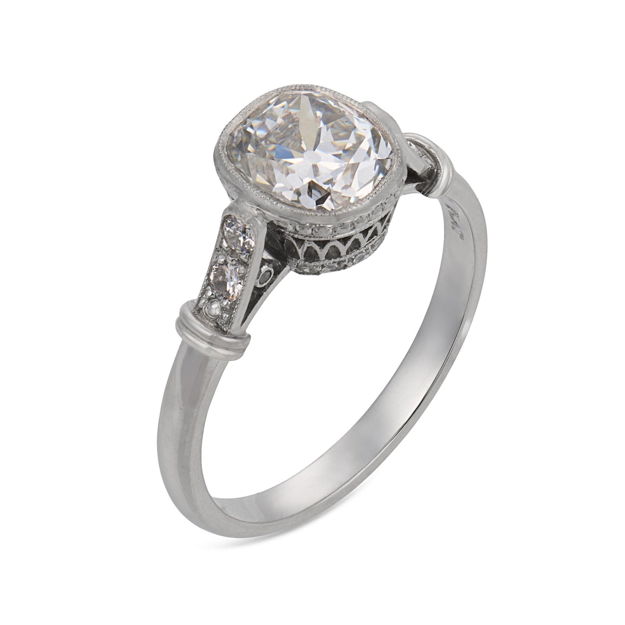 Art Deco inspired GIA 1.57 carat old mine cut diamond platinum engagement ring