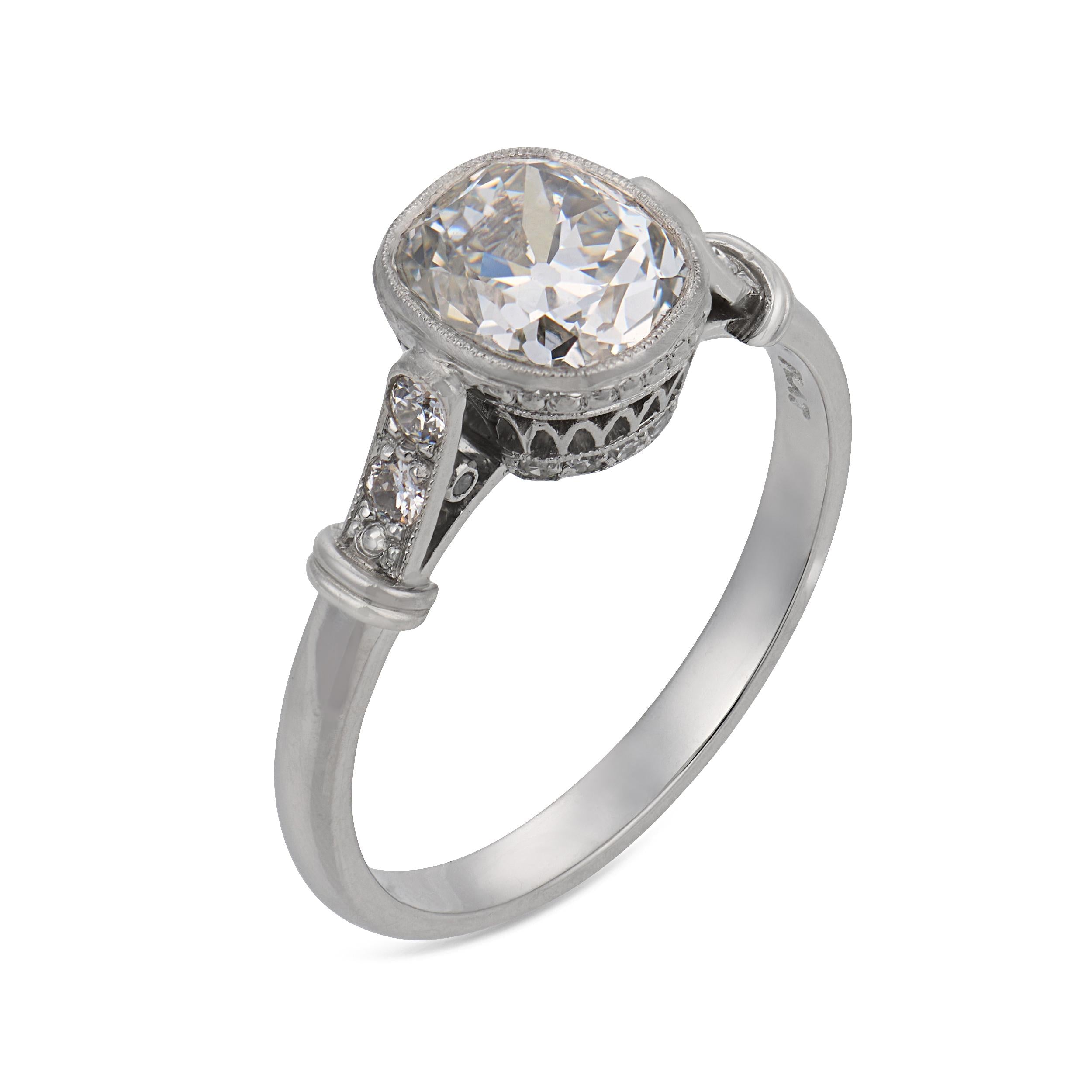 Art Deco inspired GIA 1.57 carat old mine cut diamond platinum engagement ring