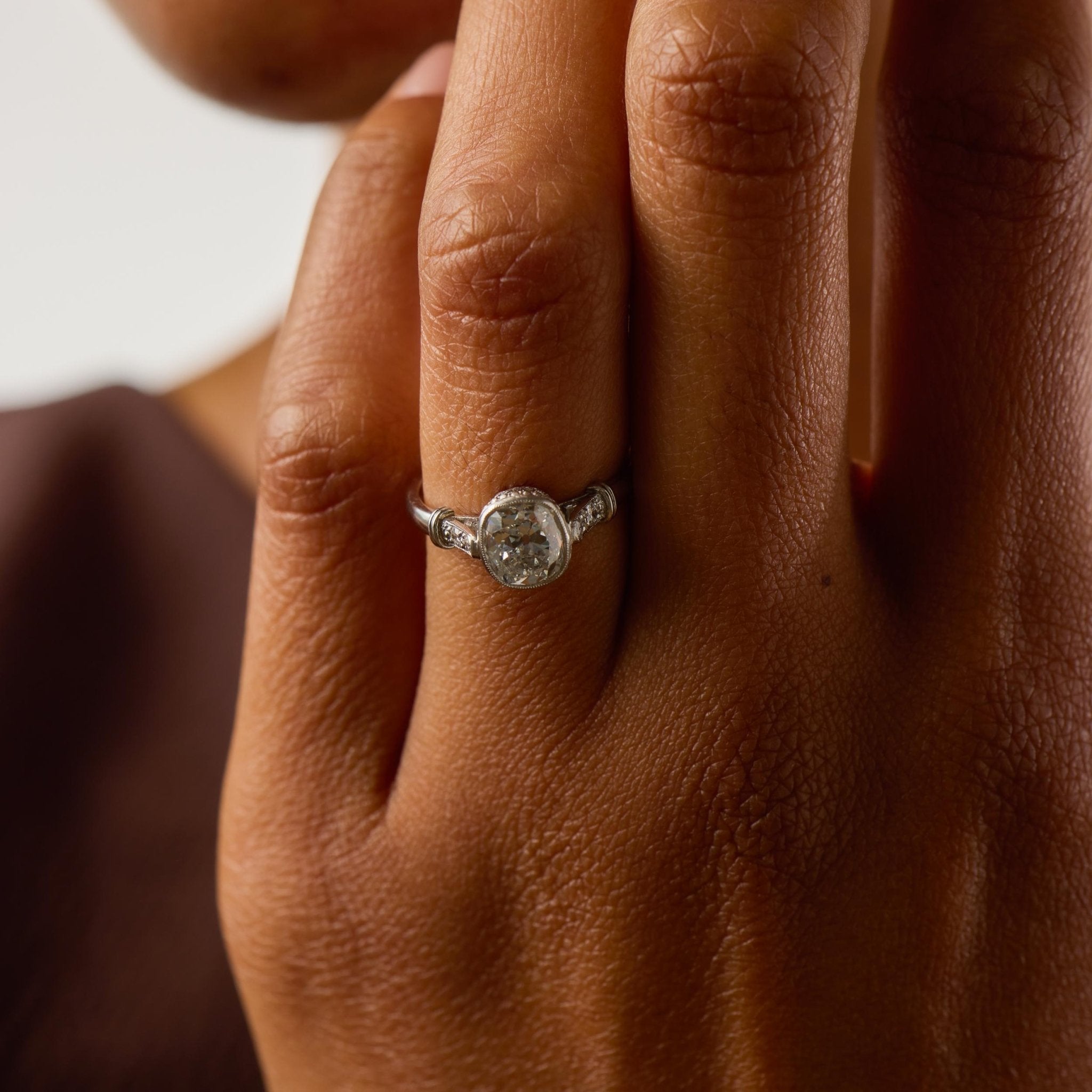 Art Deco inspired GIA 1.57 carat old mine cut diamond platinum engagement ring