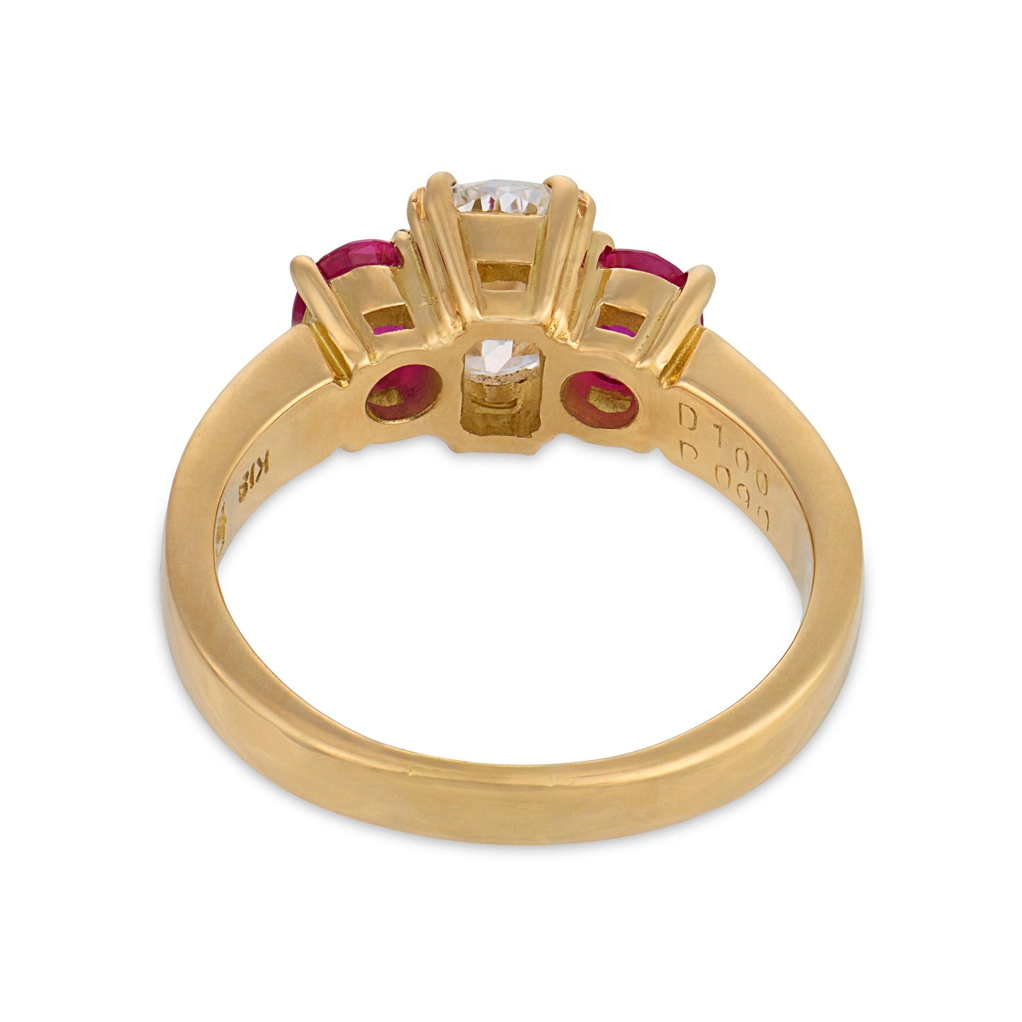 Vintage GIA 1.04 carat old mine cut diamond ruby 18k gold three stone ring