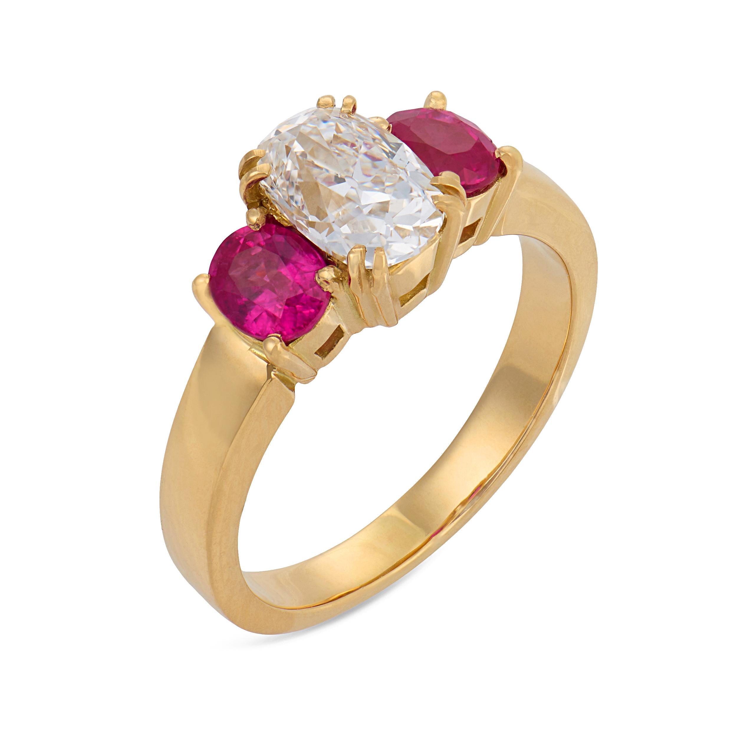 Vintage GIA 1.04 carat old mine cut diamond ruby 18k gold three stone ring