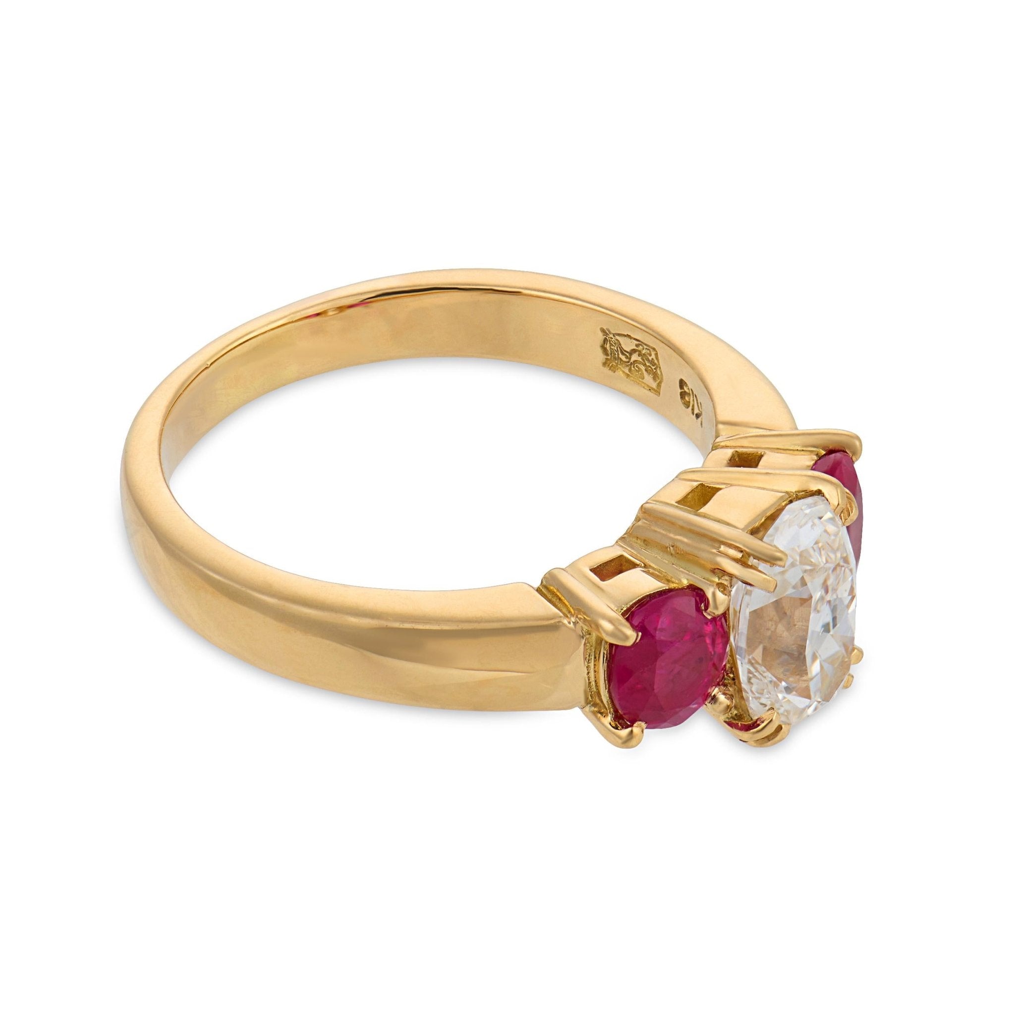 Vintage GIA 1.04 carat old mine cut diamond ruby 18k gold three stone ring
