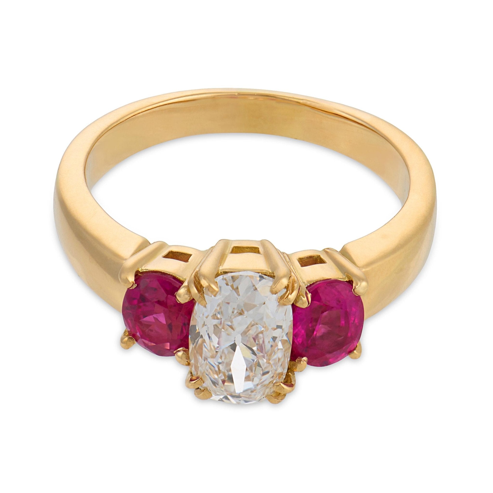 Vintage GIA 1.04 carat old mine cut diamond ruby 18k gold three stone ring