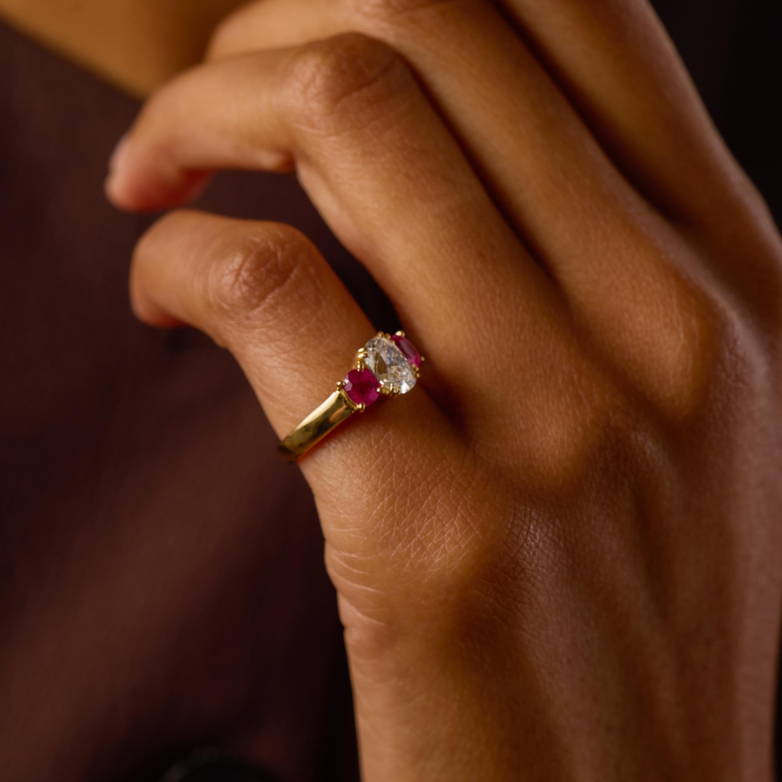 Vintage GIA 1.04 carat old mine cut diamond ruby 18k gold three stone ring