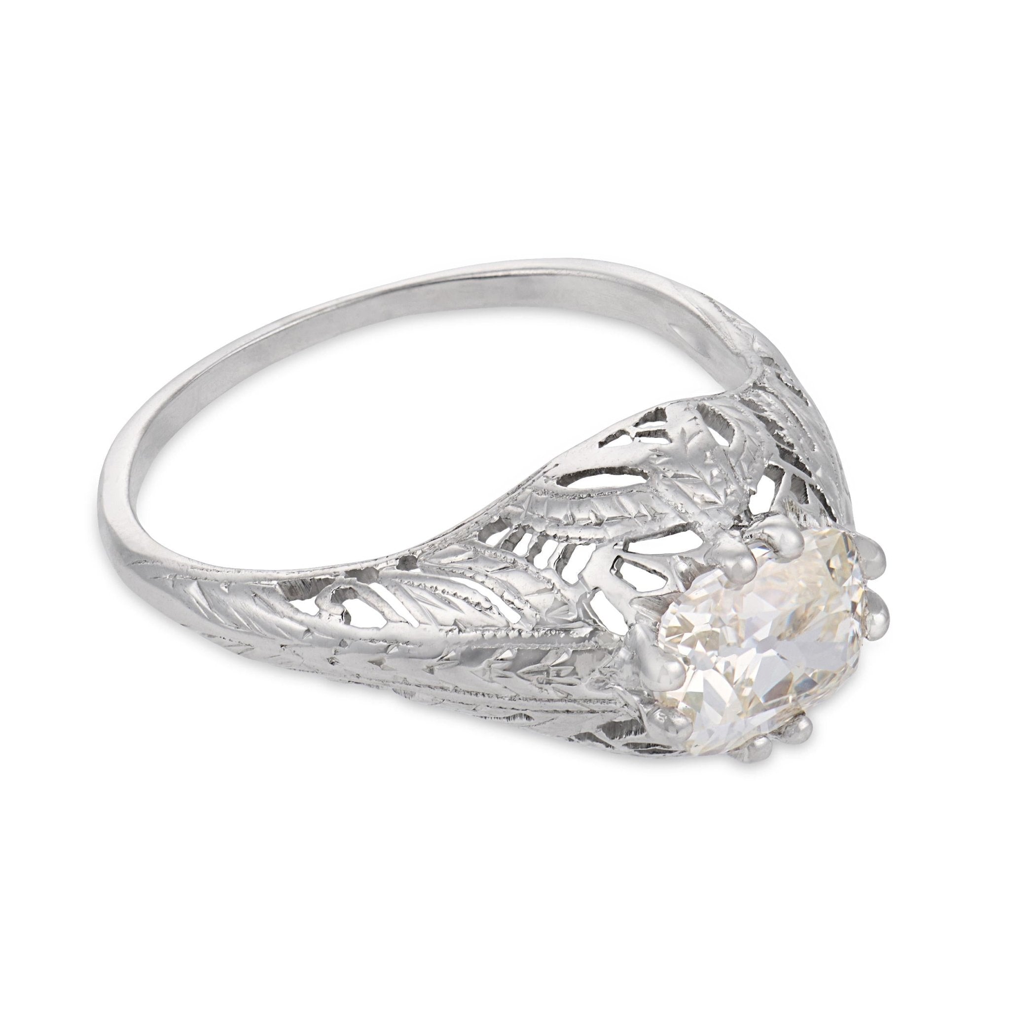 Art Deco GIA 0.91 carat east west old mine cut diamond 18k gold engagement ring
