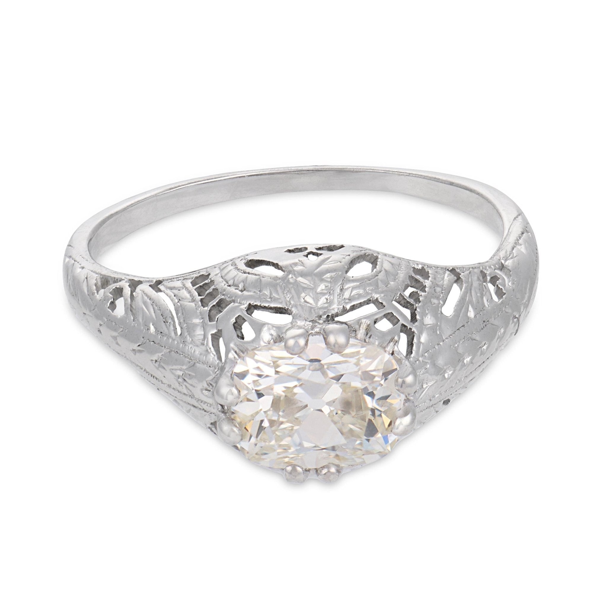 Art Deco GIA 0.91 carat east west old mine cut diamond 18k gold engagement ring