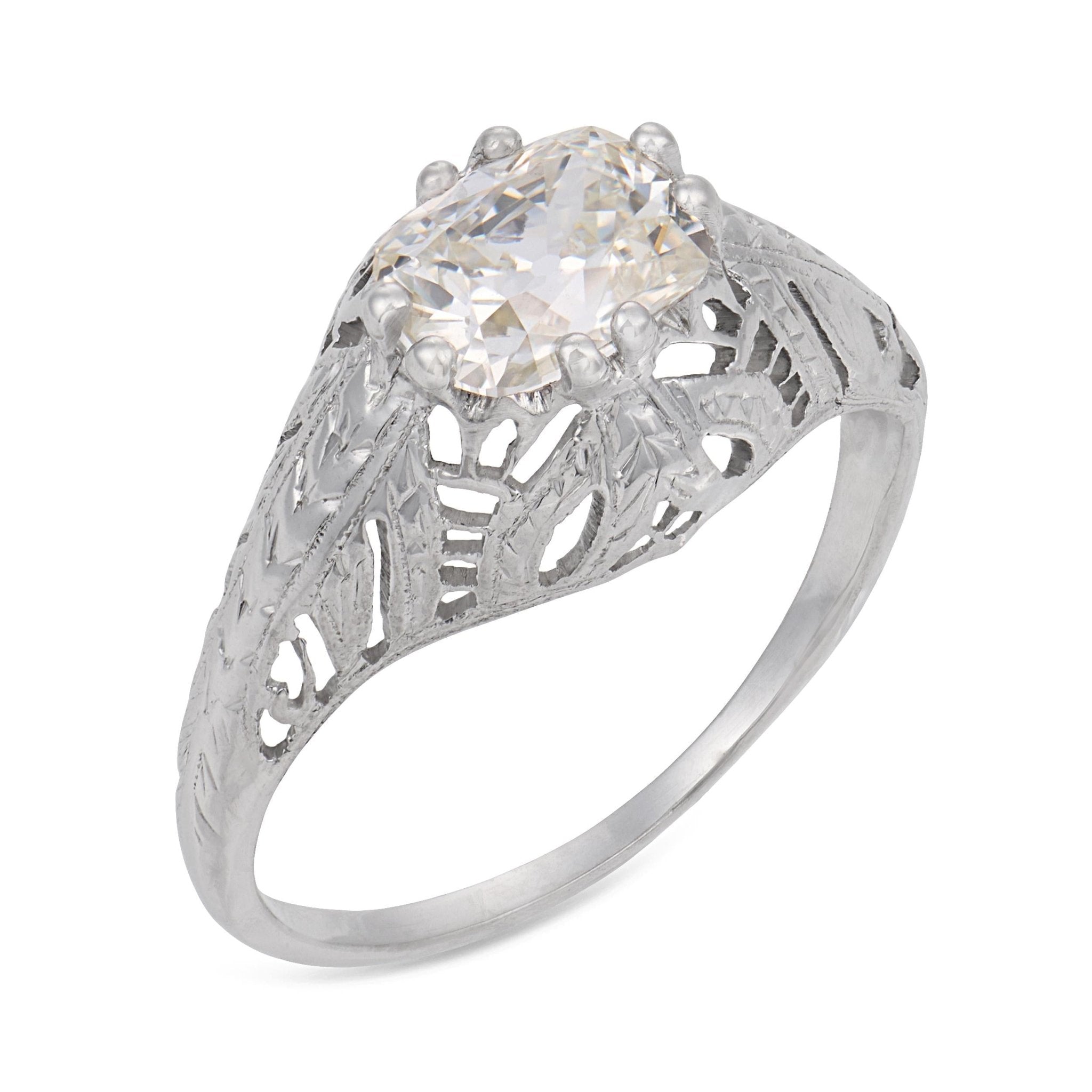 Art Deco GIA 0.91 carat east west old mine cut diamond 18k gold engagement ring