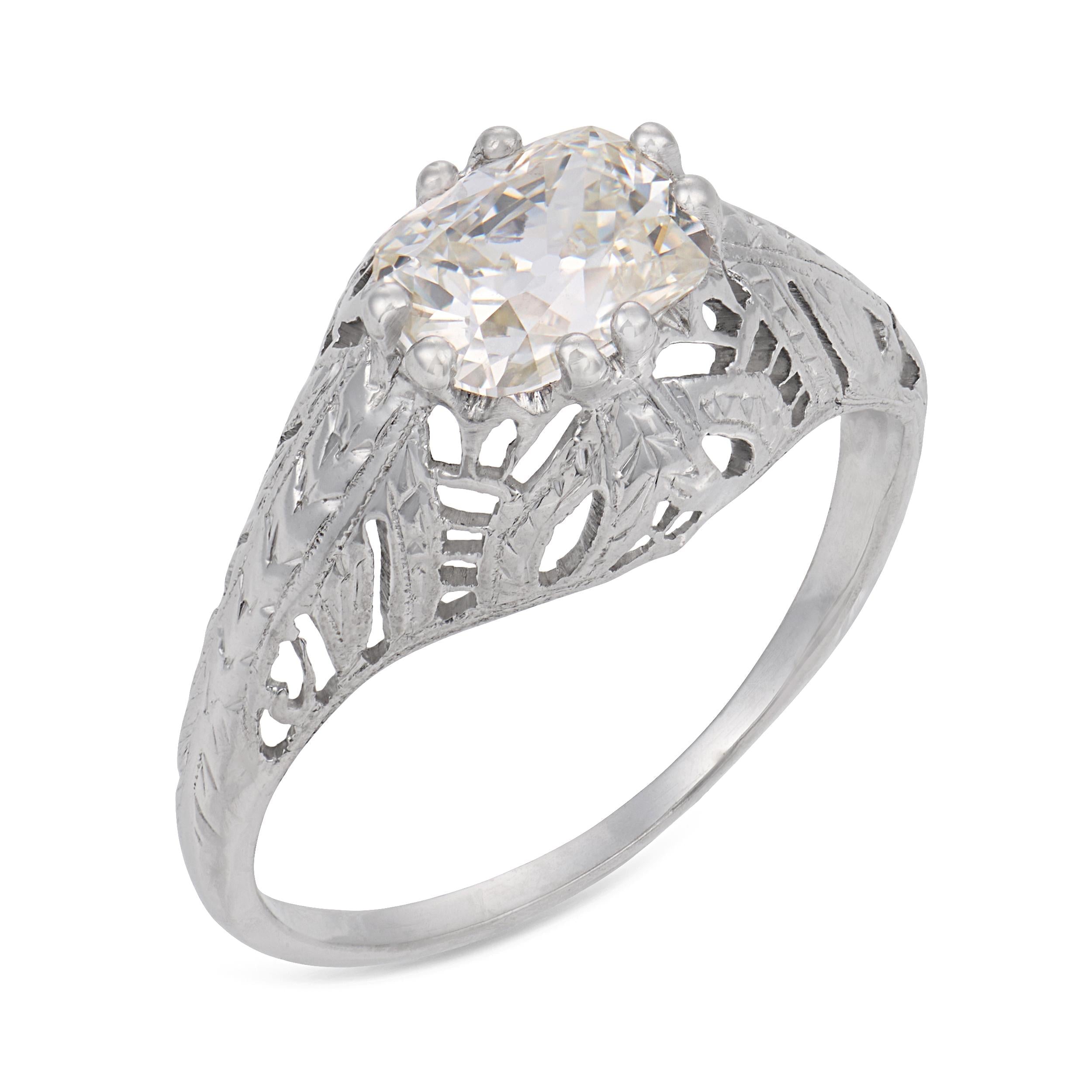 Art Deco GIA 0.91 carat east west old mine cut diamond 18k gold engagement ring