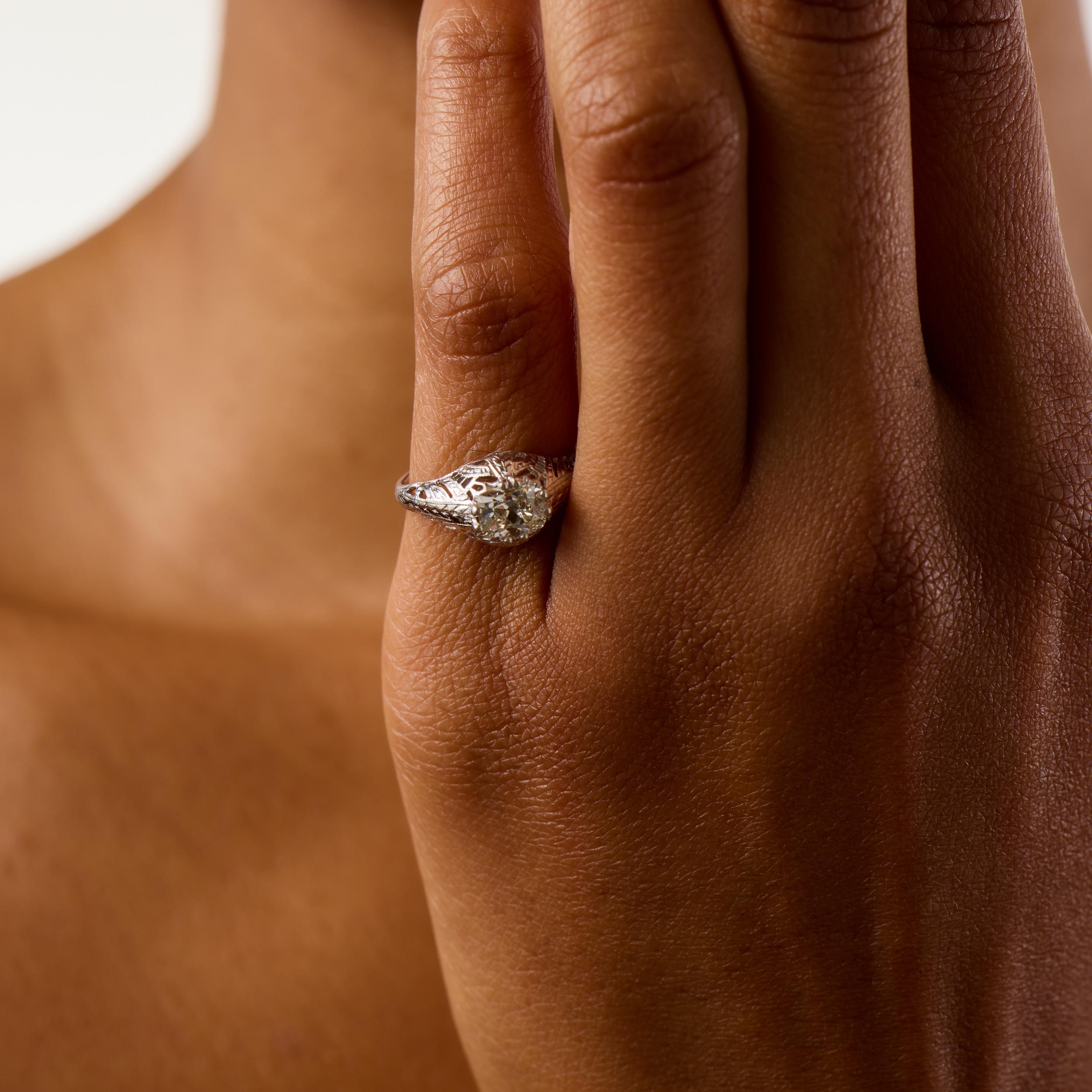 Art Deco GIA 0.91 carat east west old mine cut diamond 18k gold engagement ring
