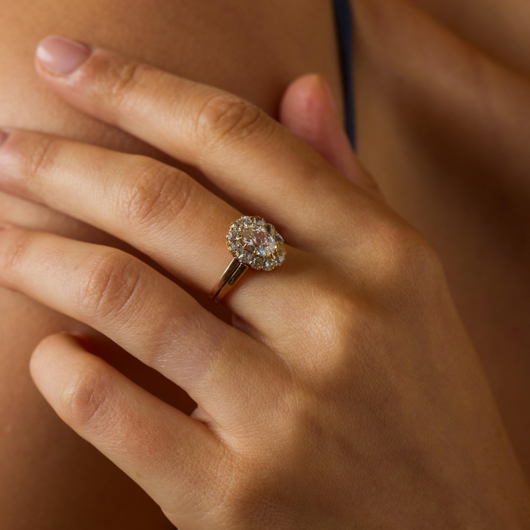 Victorian GIA 1.01 carat diamond 14k rose gold cluster engagement ring