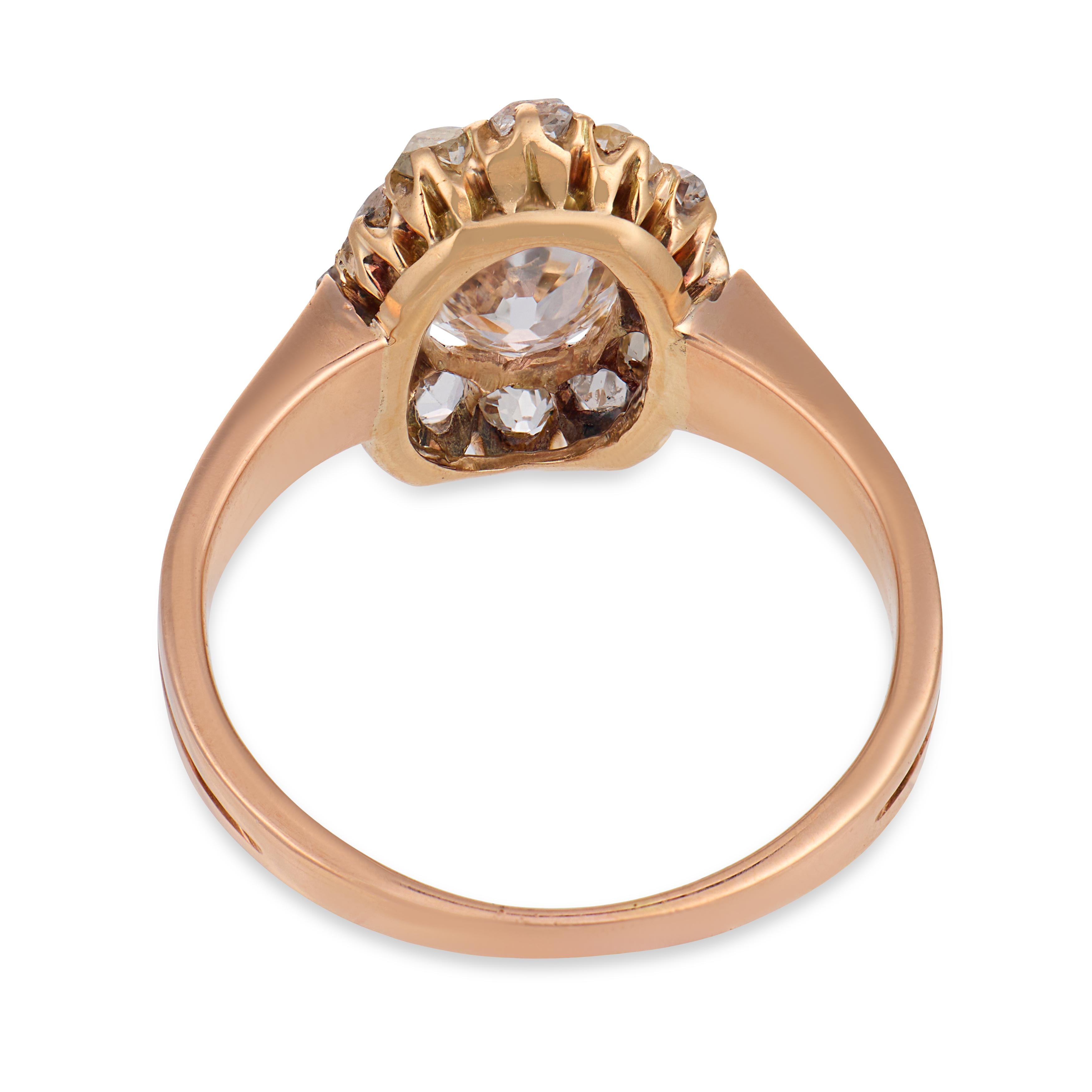 Victorian GIA 1.01 carat diamond 14k rose gold cluster engagement ring