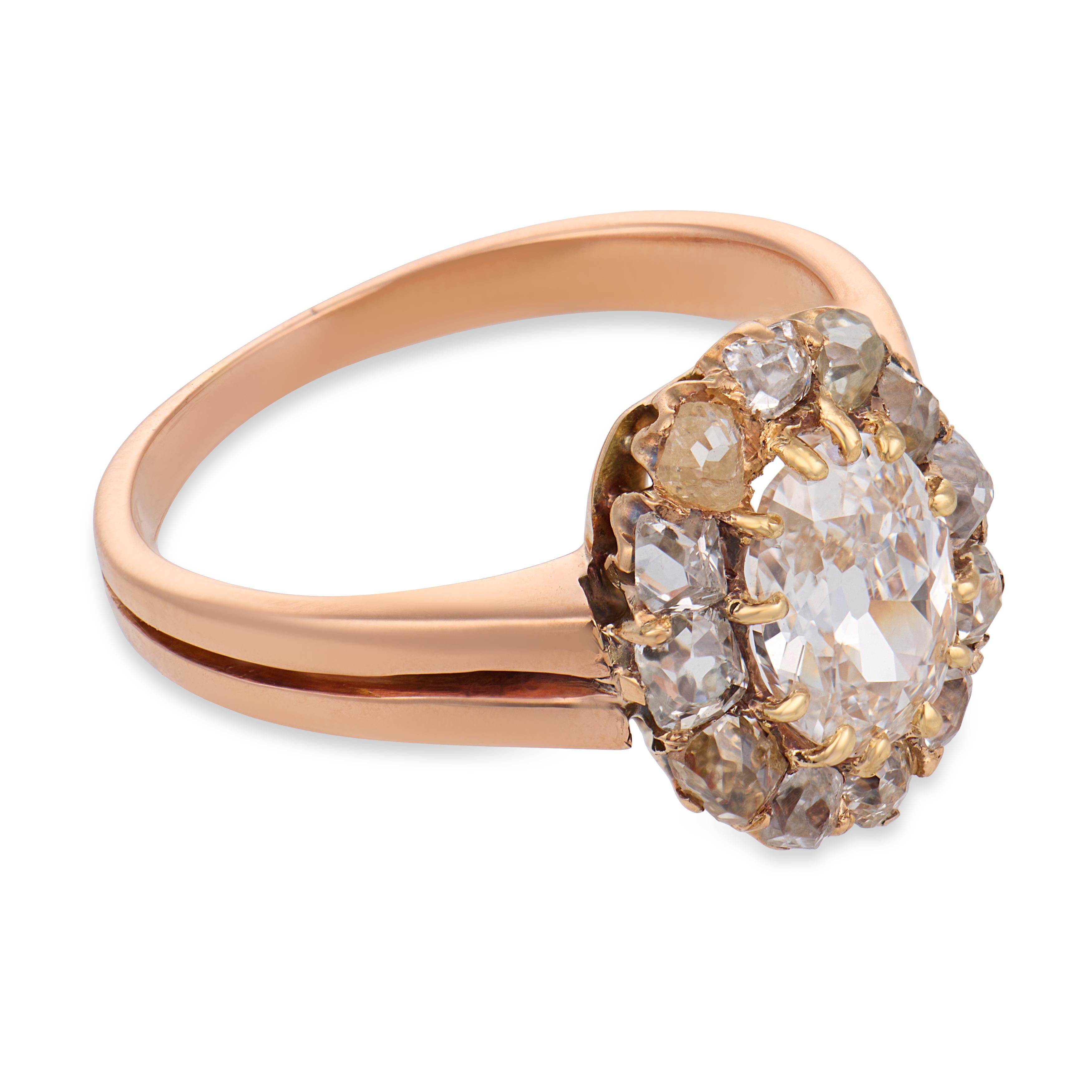 Victorian GIA 1.01 carat diamond 14k rose gold cluster engagement ring