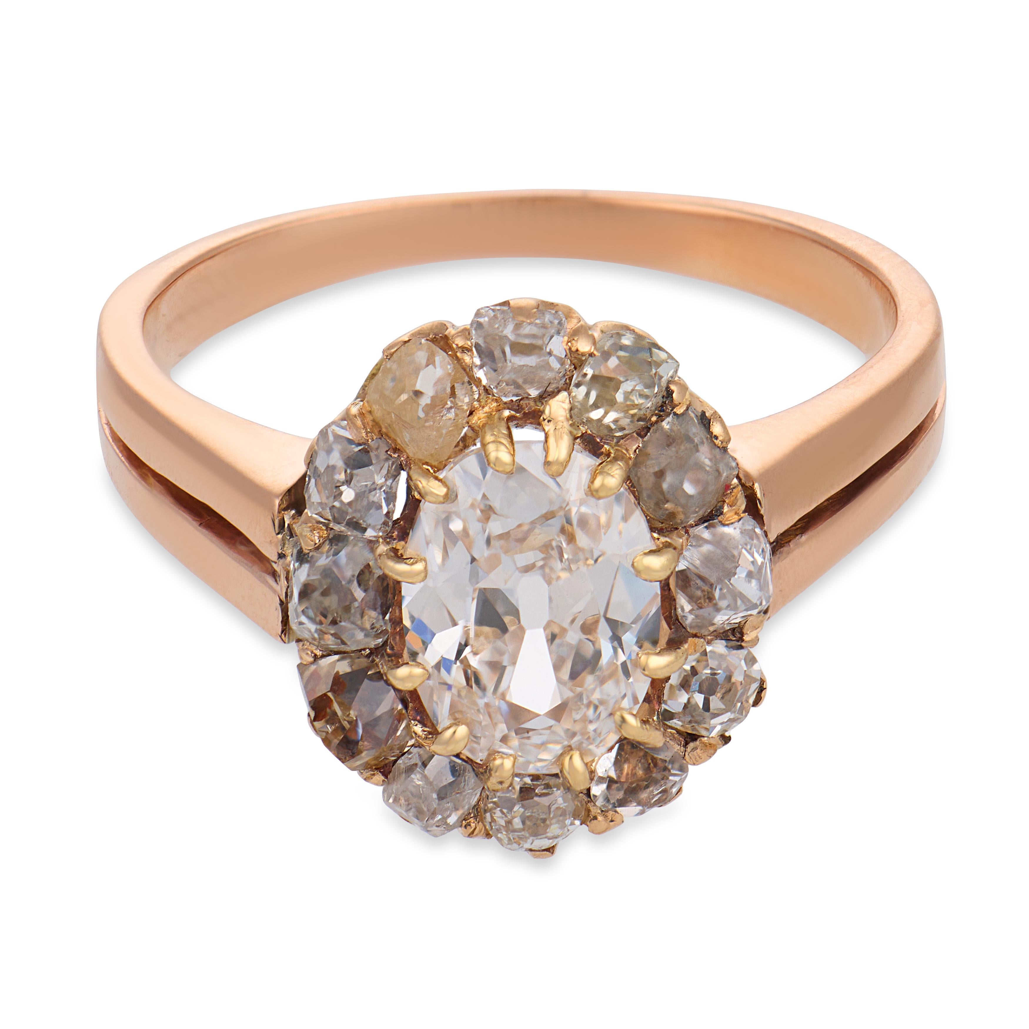Victorian GIA 1.01 carat diamond 14k rose gold cluster engagement ring
