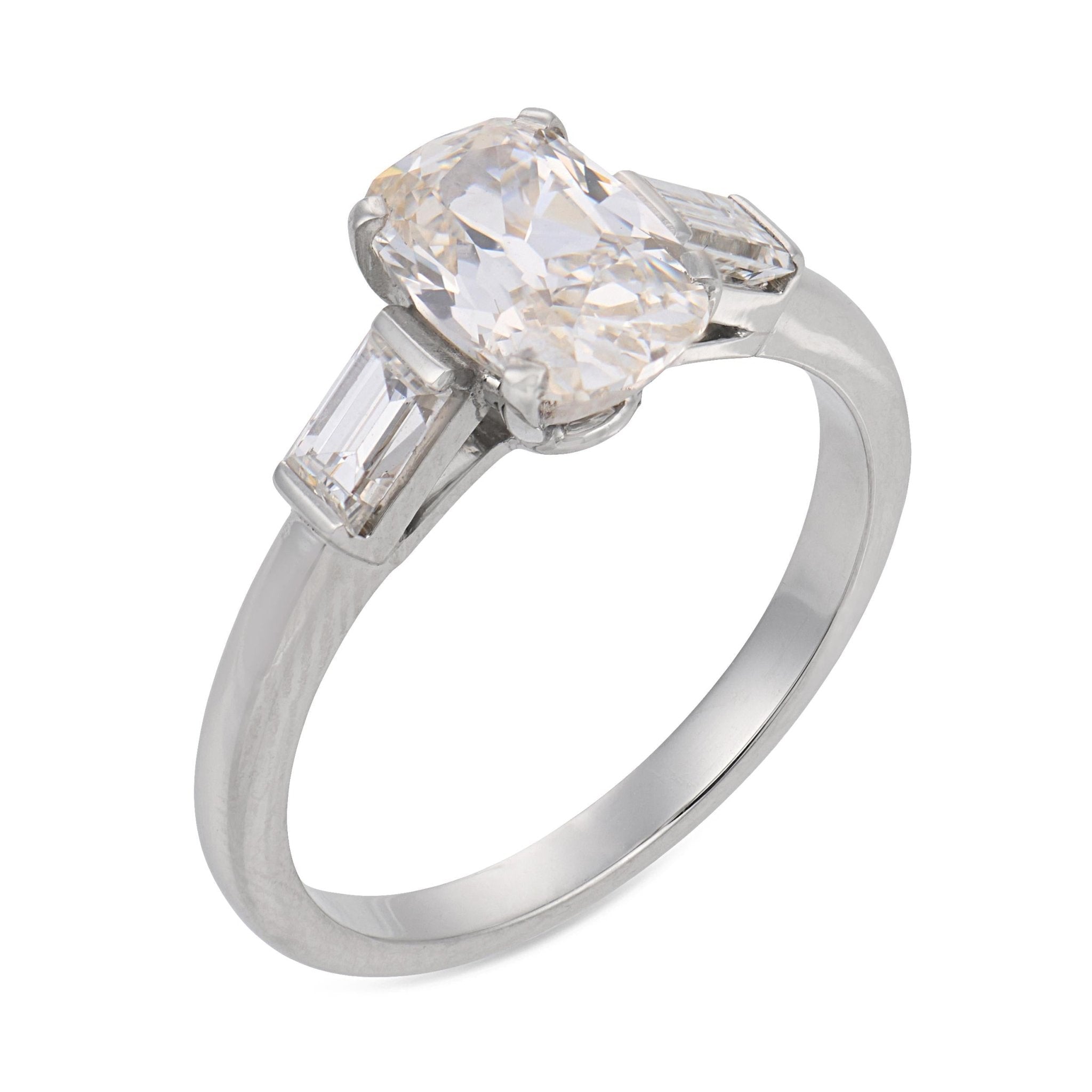 Mid Century GIA 1.52 carat old mine cut diamond platinum engagement ring
