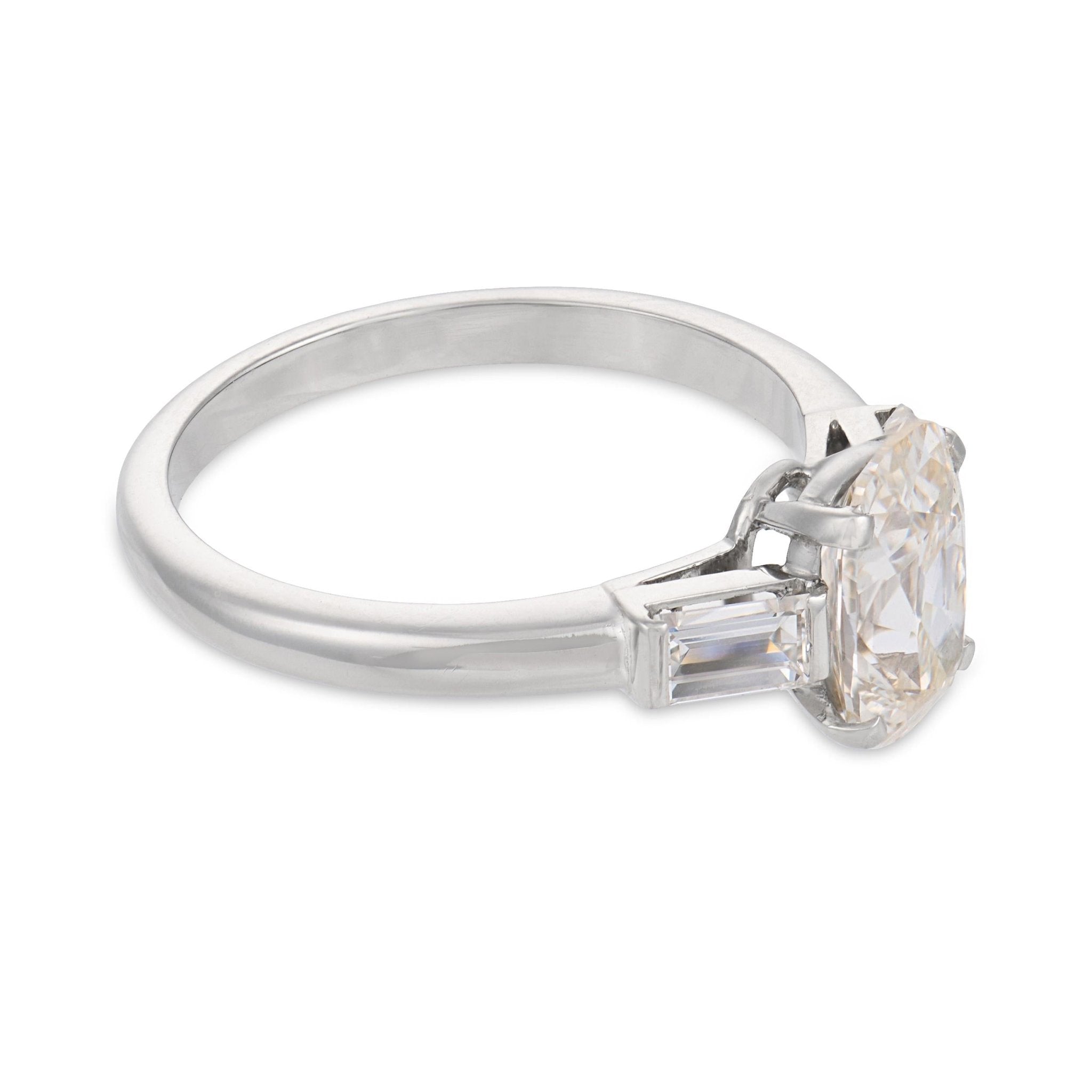 Mid Century GIA 1.52 carat old mine cut diamond platinum engagement ring