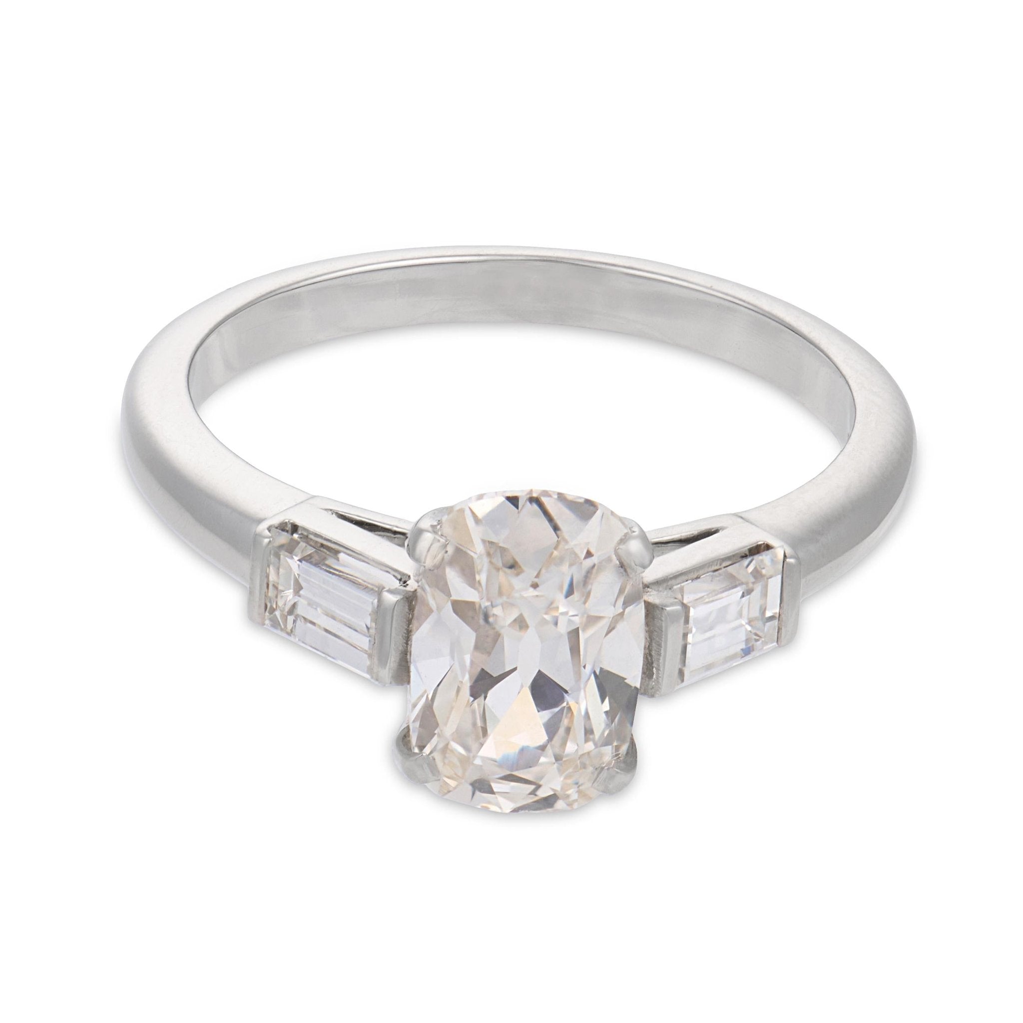 Mid Century GIA 1.52 carat old mine cut diamond platinum engagement ring