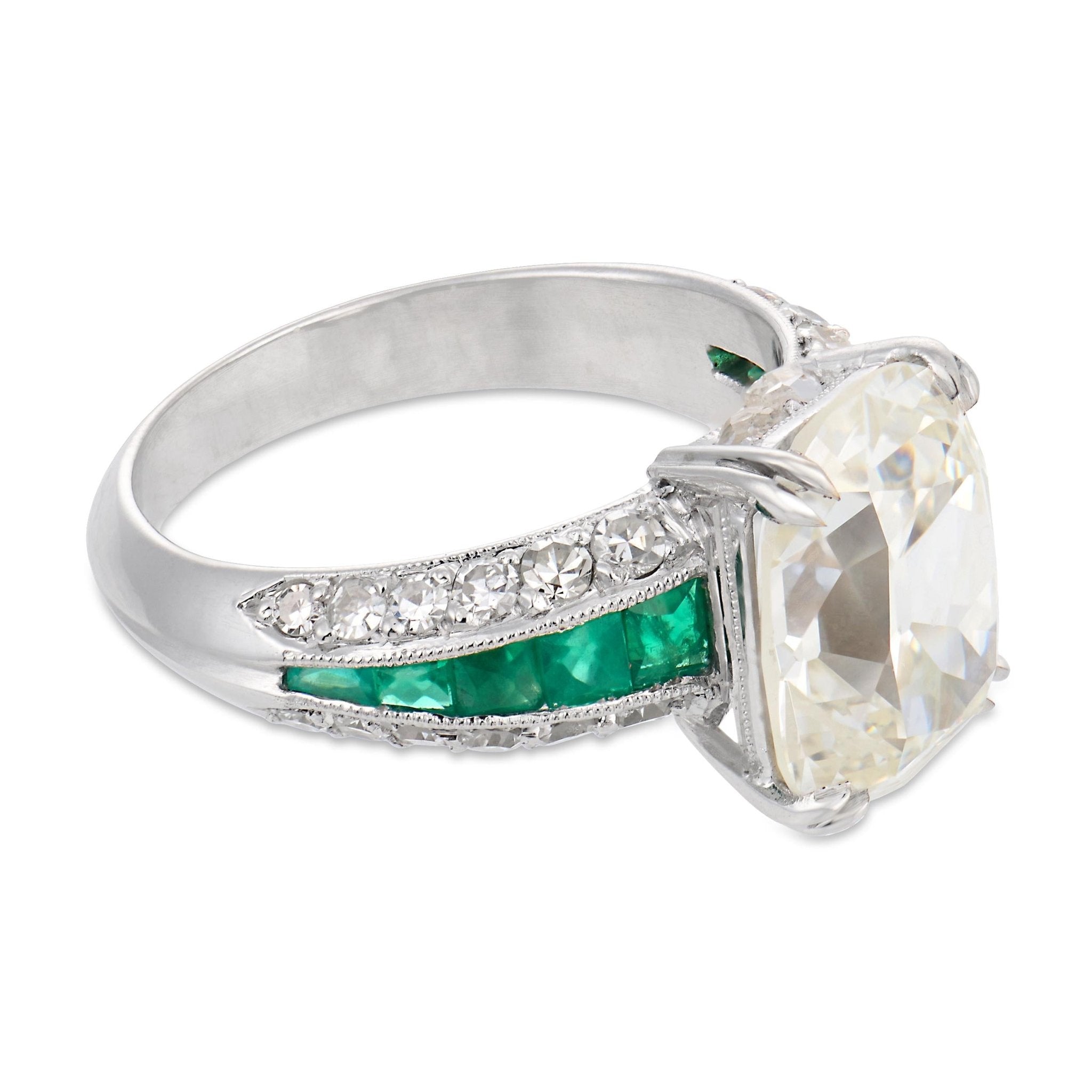 Vintage GIA 5.02 carat old mine cut diamond emerald platinum engagement ring