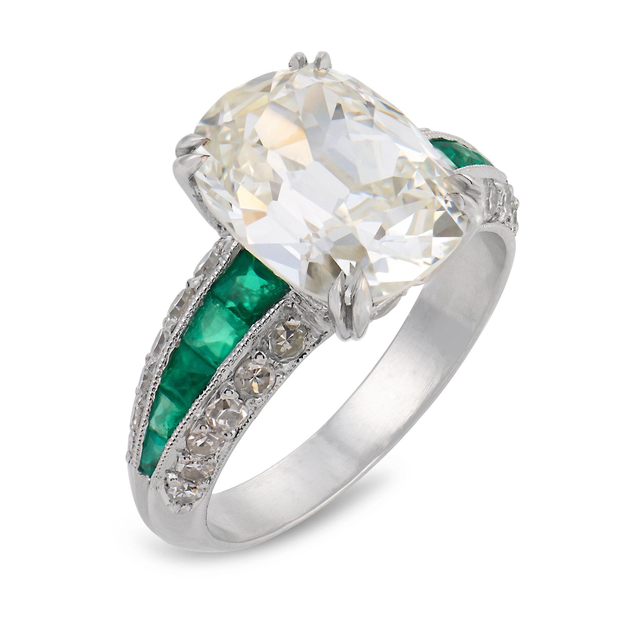 Vintage GIA 5.02 carat old mine cut diamond emerald platinum engagement ring