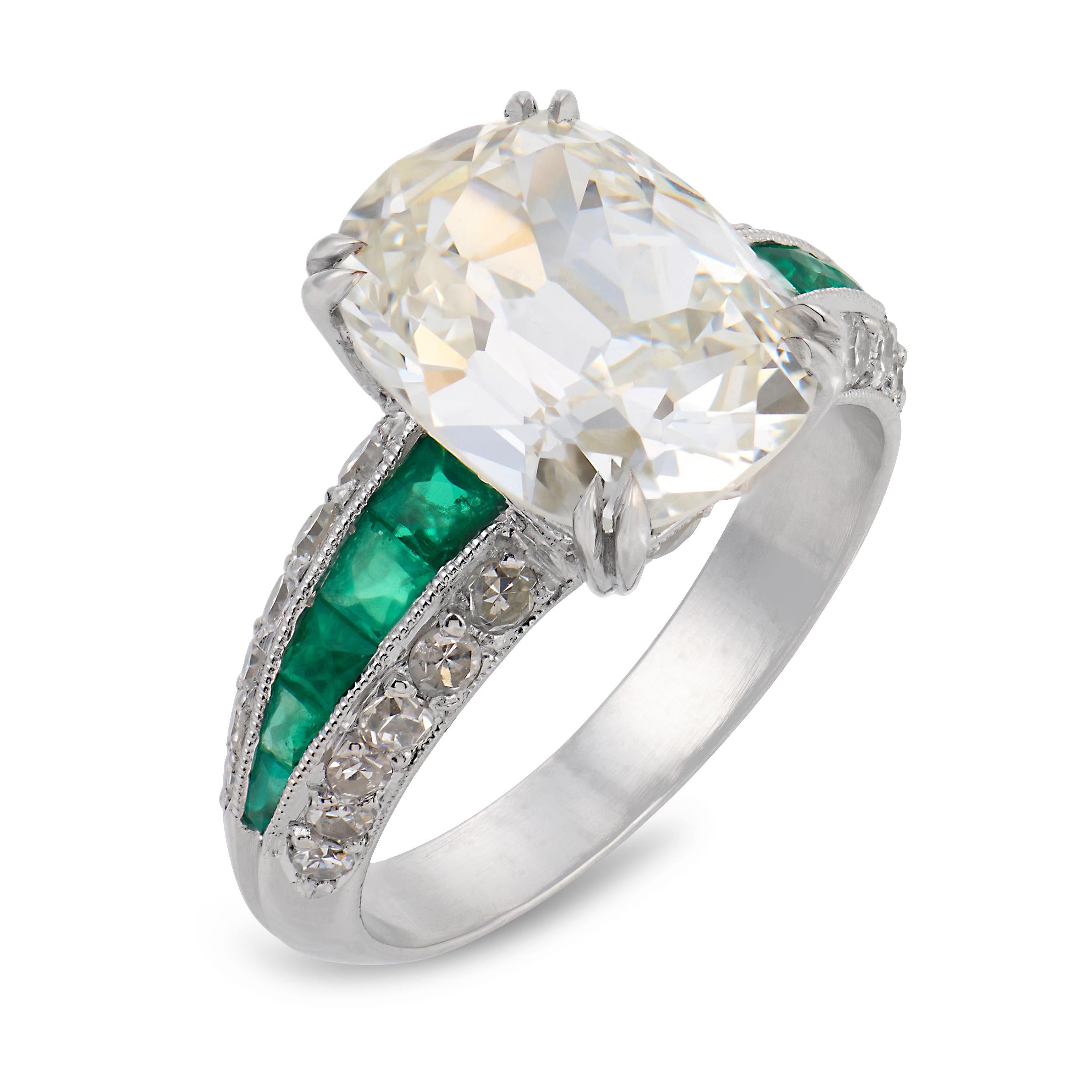 Vintage GIA 5.02 carat old mine cut diamond emerald platinum engagement ring