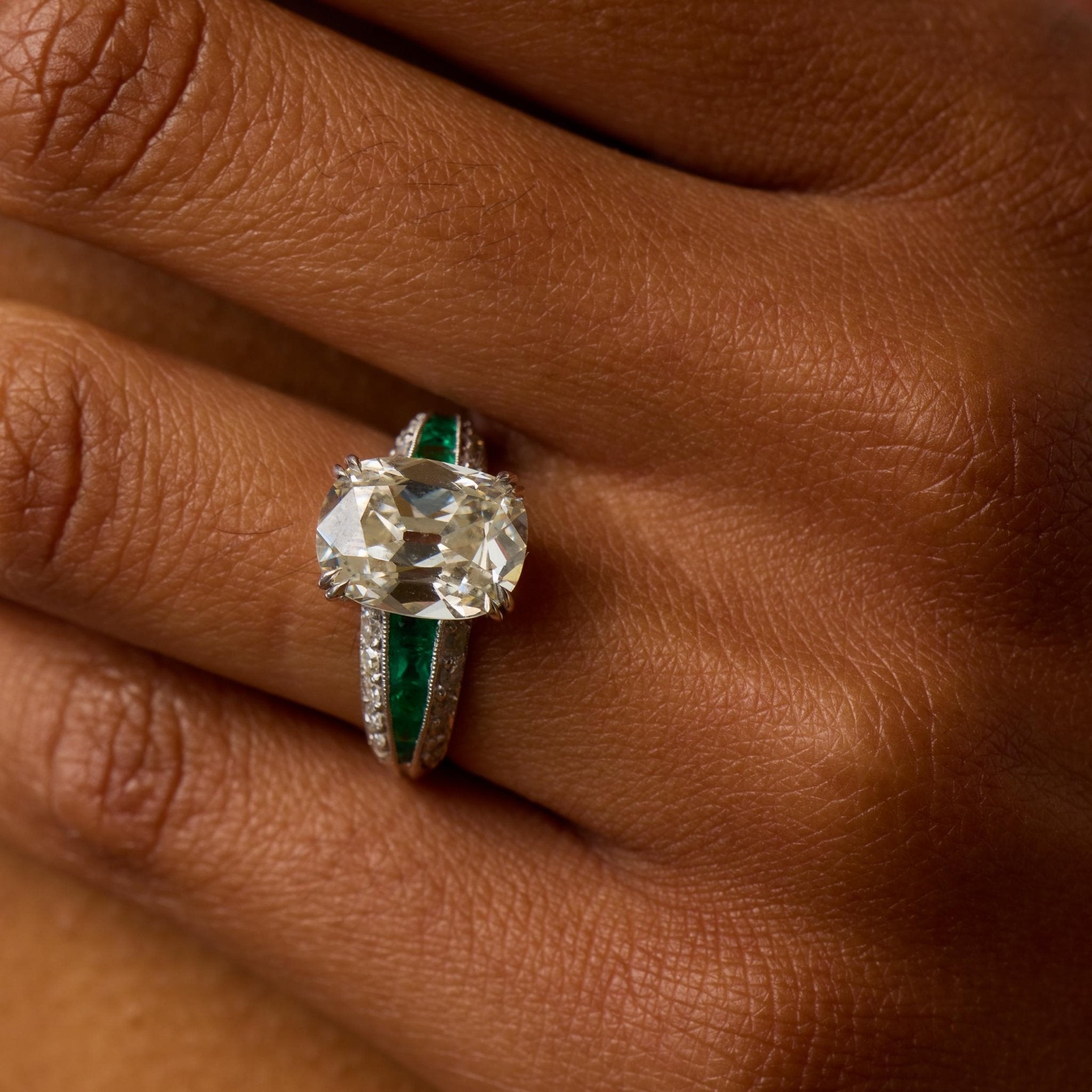 Vintage GIA 5.02 carat old mine cut diamond emerald platinum engagement ring