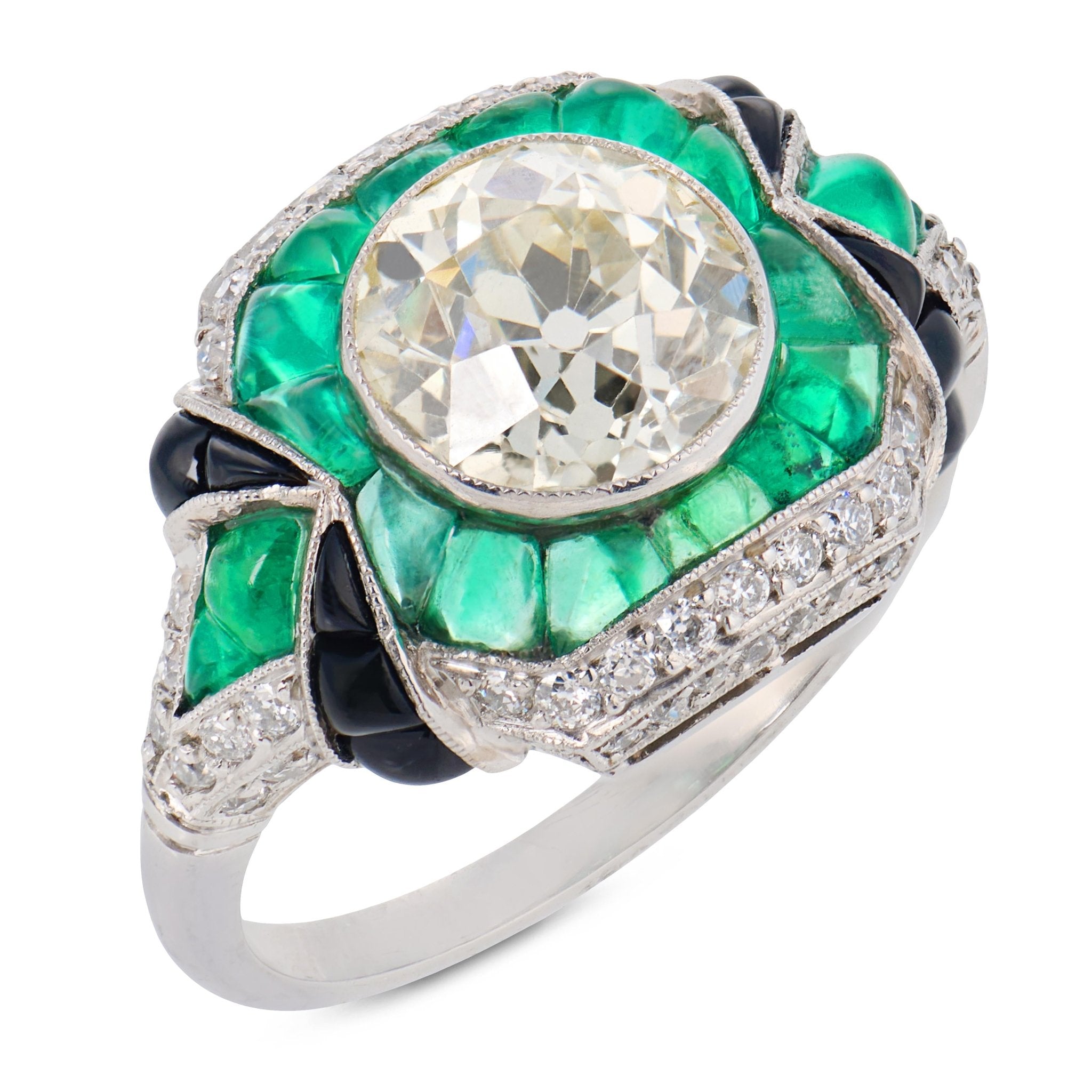 Art Deco style 2.05 carat diamond emerald onyx platinum engagement ring