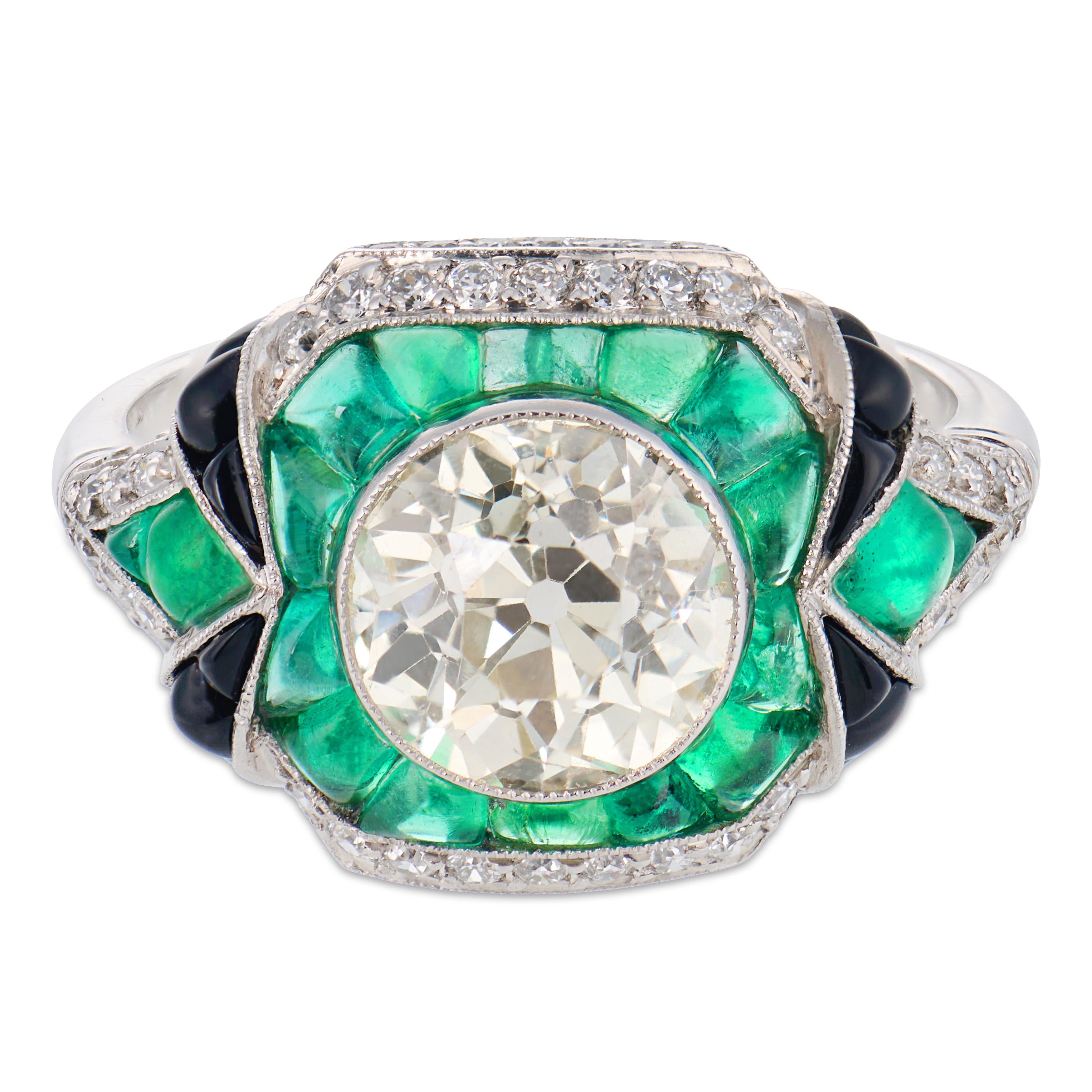 Art Deco style 2.05 carat diamond emerald onyx platinum engagement ring
