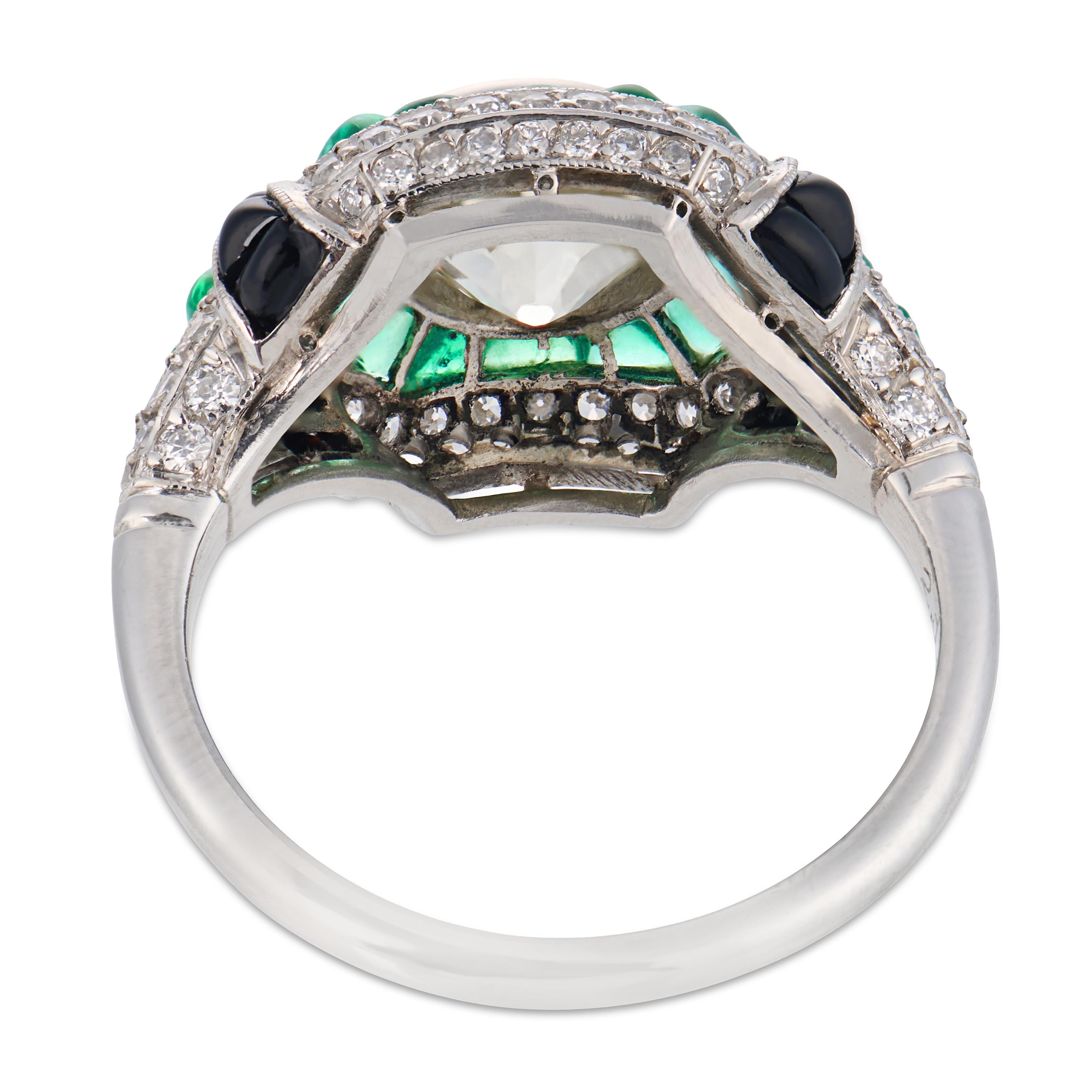 Art Deco style 2.05 carat diamond emerald onyx platinum engagement ring