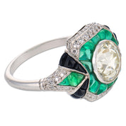 Art Deco style 2.05 carat diamond emerald onyx platinum engagement ring