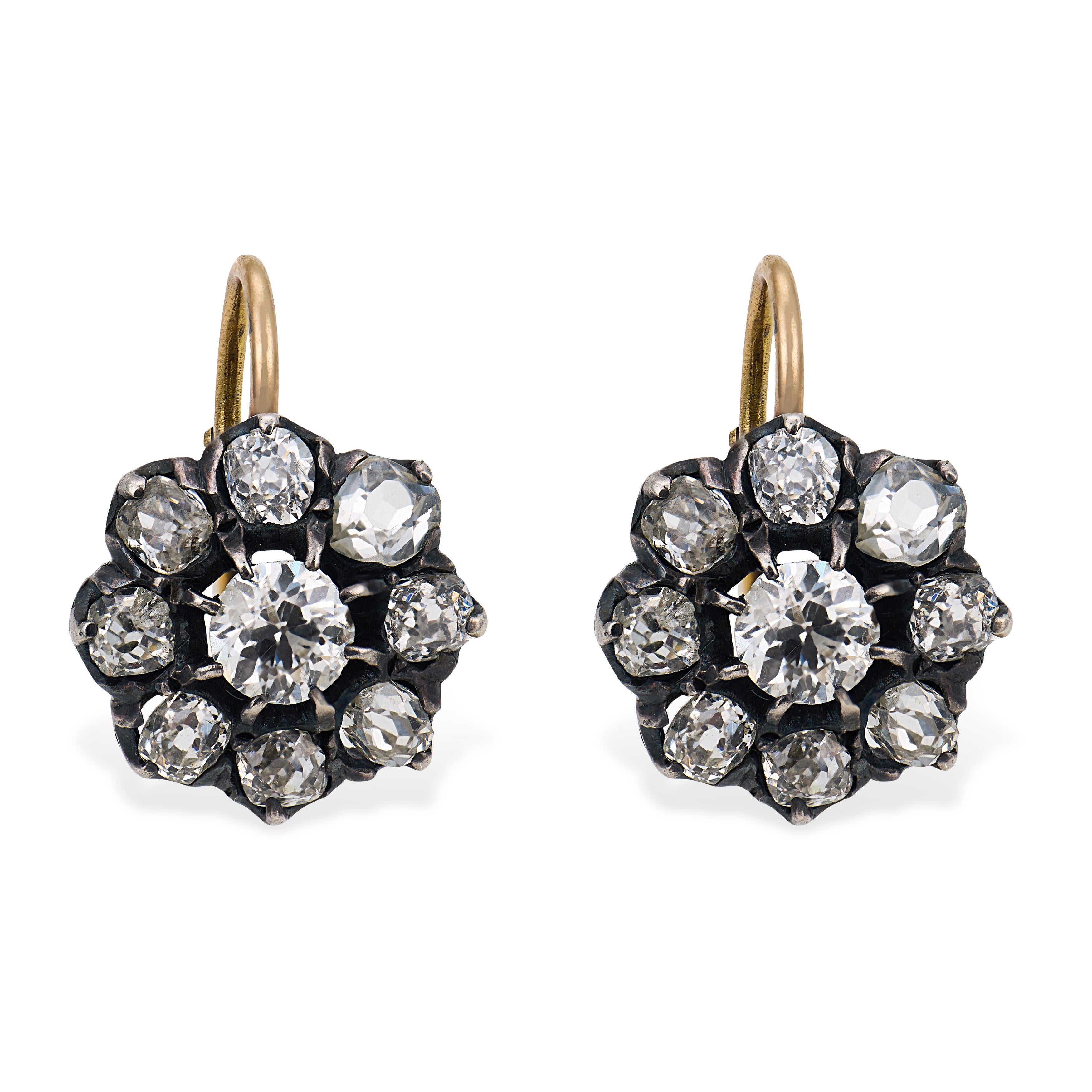 Victorian style 2.86 carat old cut diamond 18k gold silver cluster earrings
