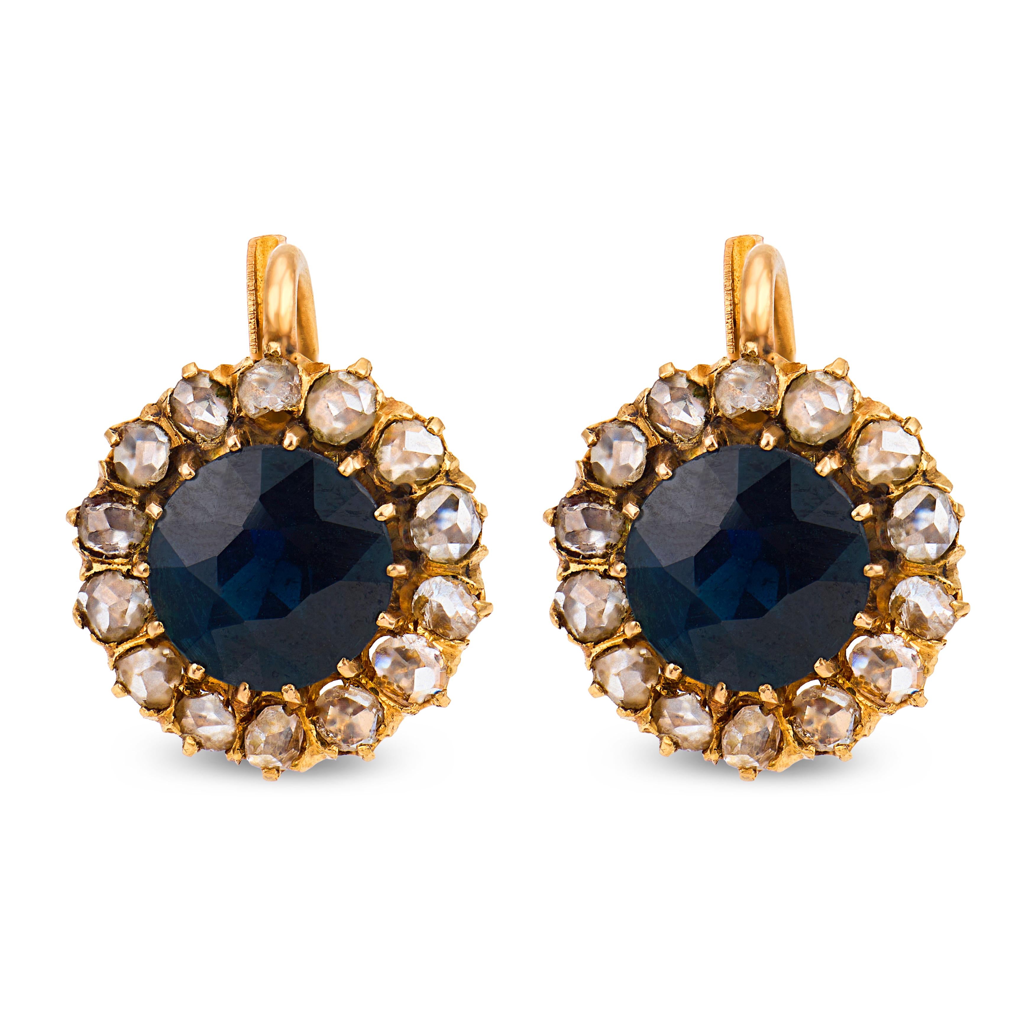 Victorian 3.50 carat sapphire diamond 18k yellow gold cluster earrings