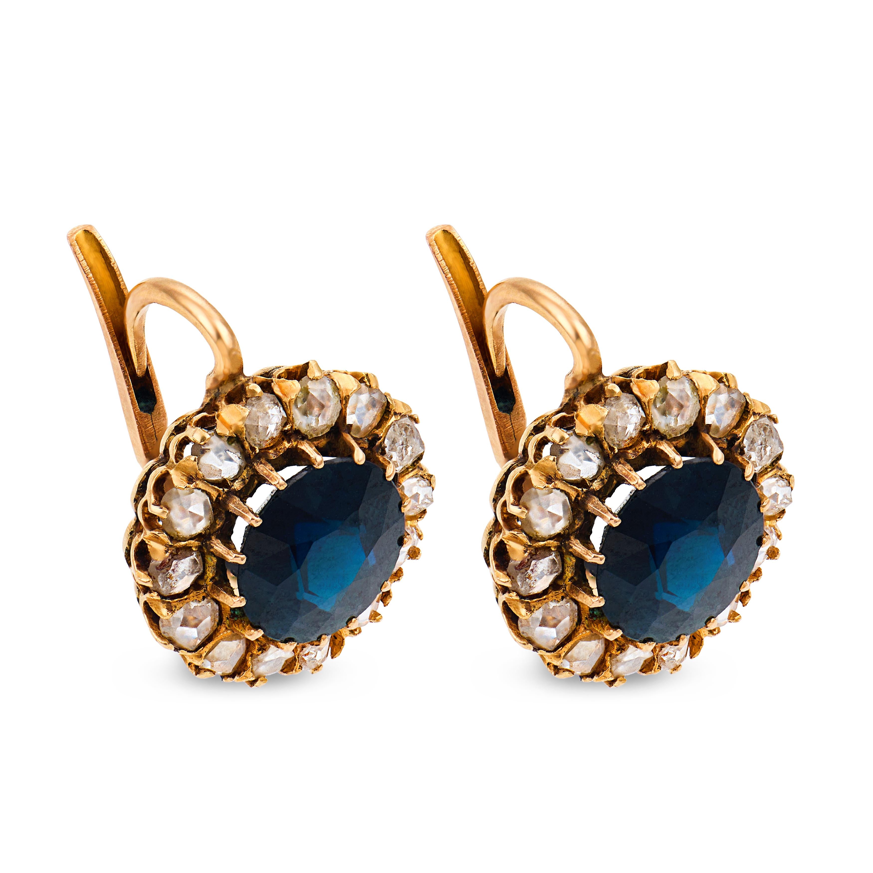 Victorian 3.50 carat sapphire diamond 18k yellow gold cluster earrings
