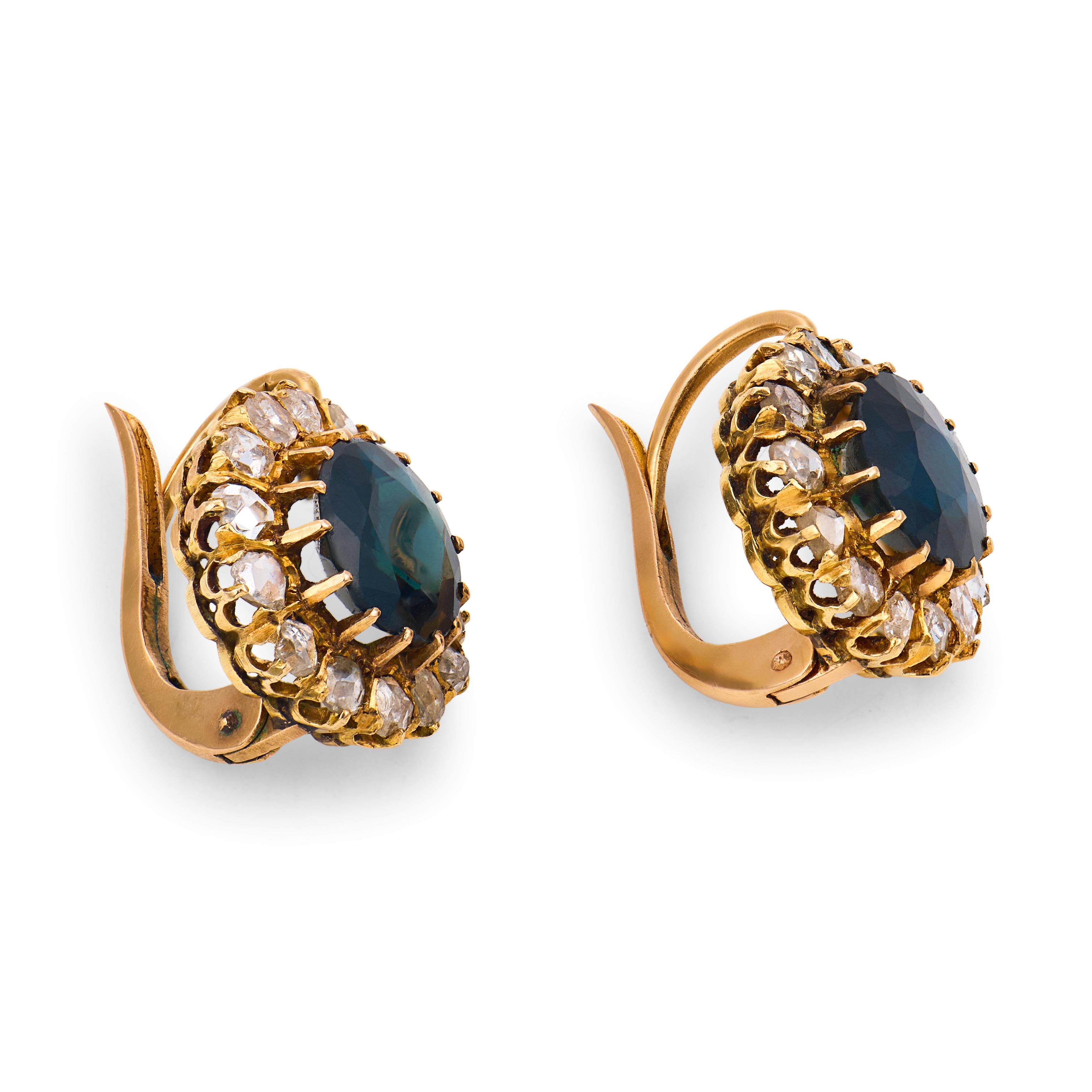 Victorian 3.50 carat sapphire diamond 18k yellow gold cluster earrings
