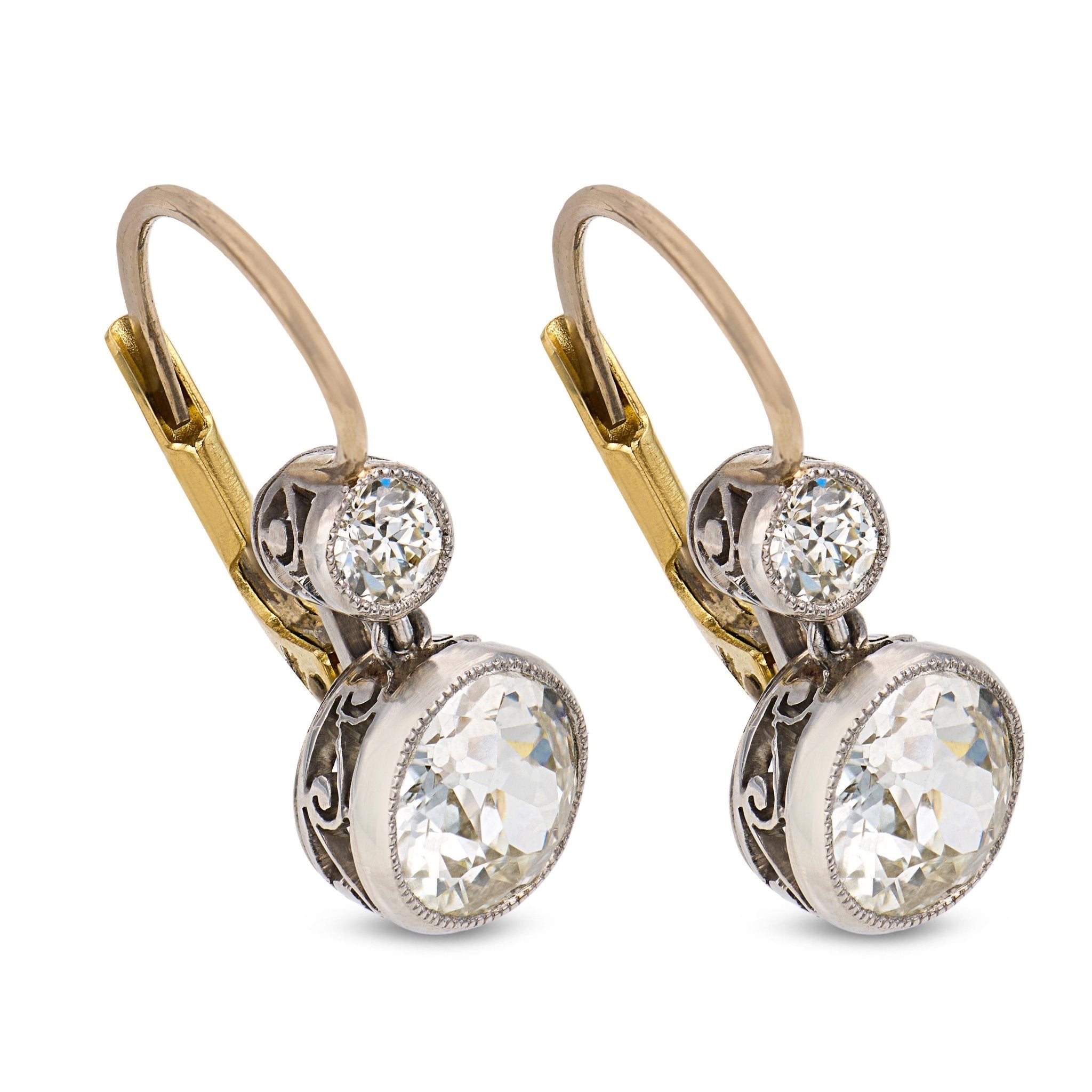 Victorian style 2.23 carat old cut diamond 18k yellow gold platinum earrings