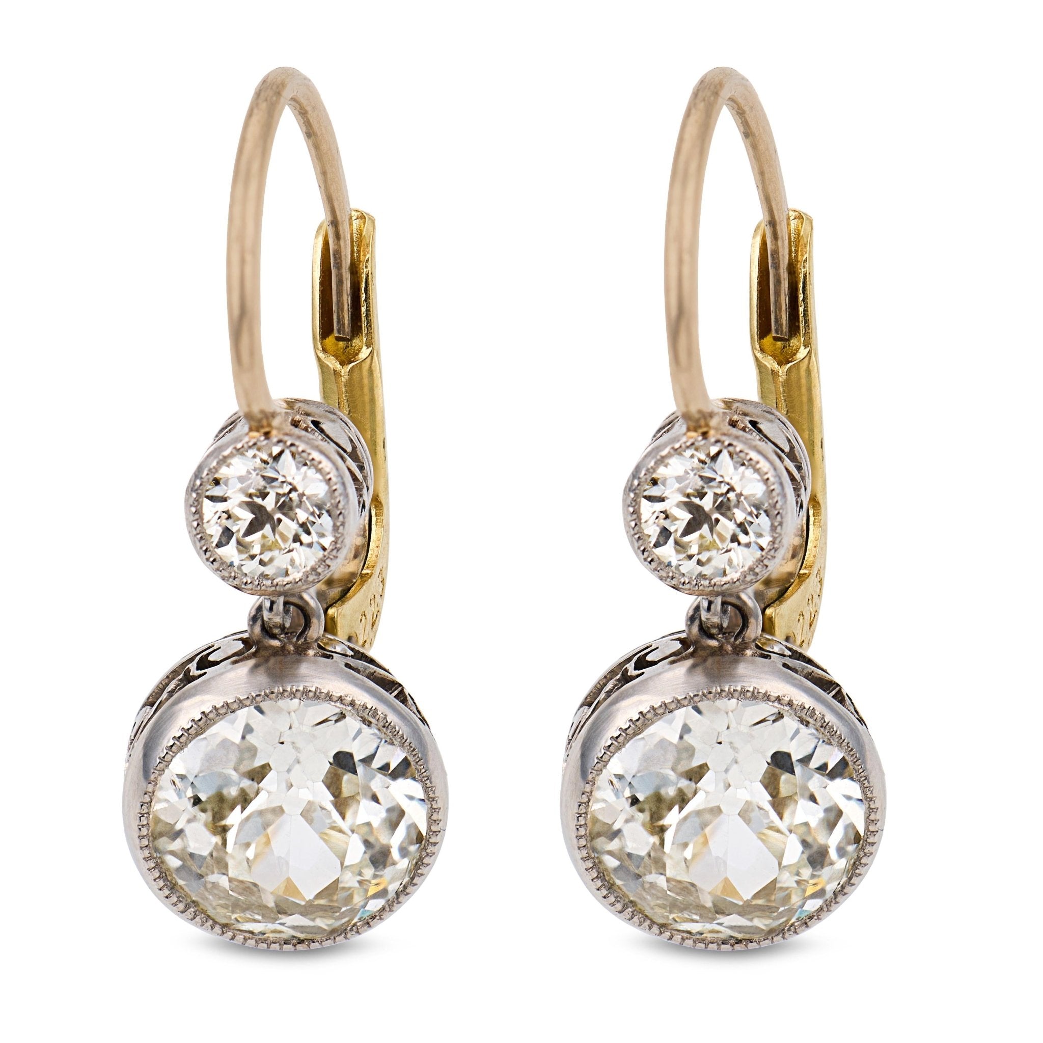 Victorian style 2.23 carat old cut diamond 18k yellow gold platinum earrings