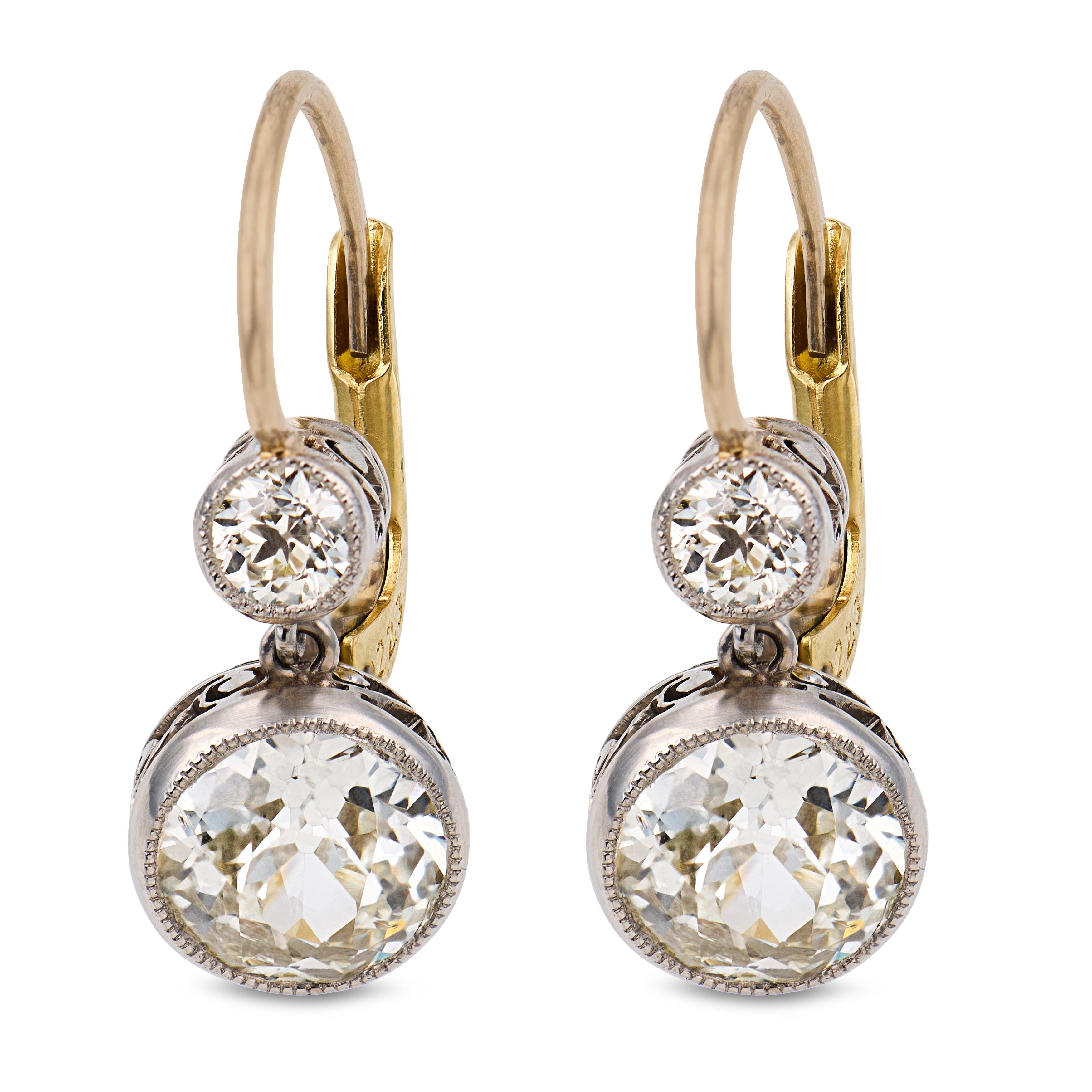 Victorian style 2.23 carat old cut diamond 18k yellow gold platinum earrings