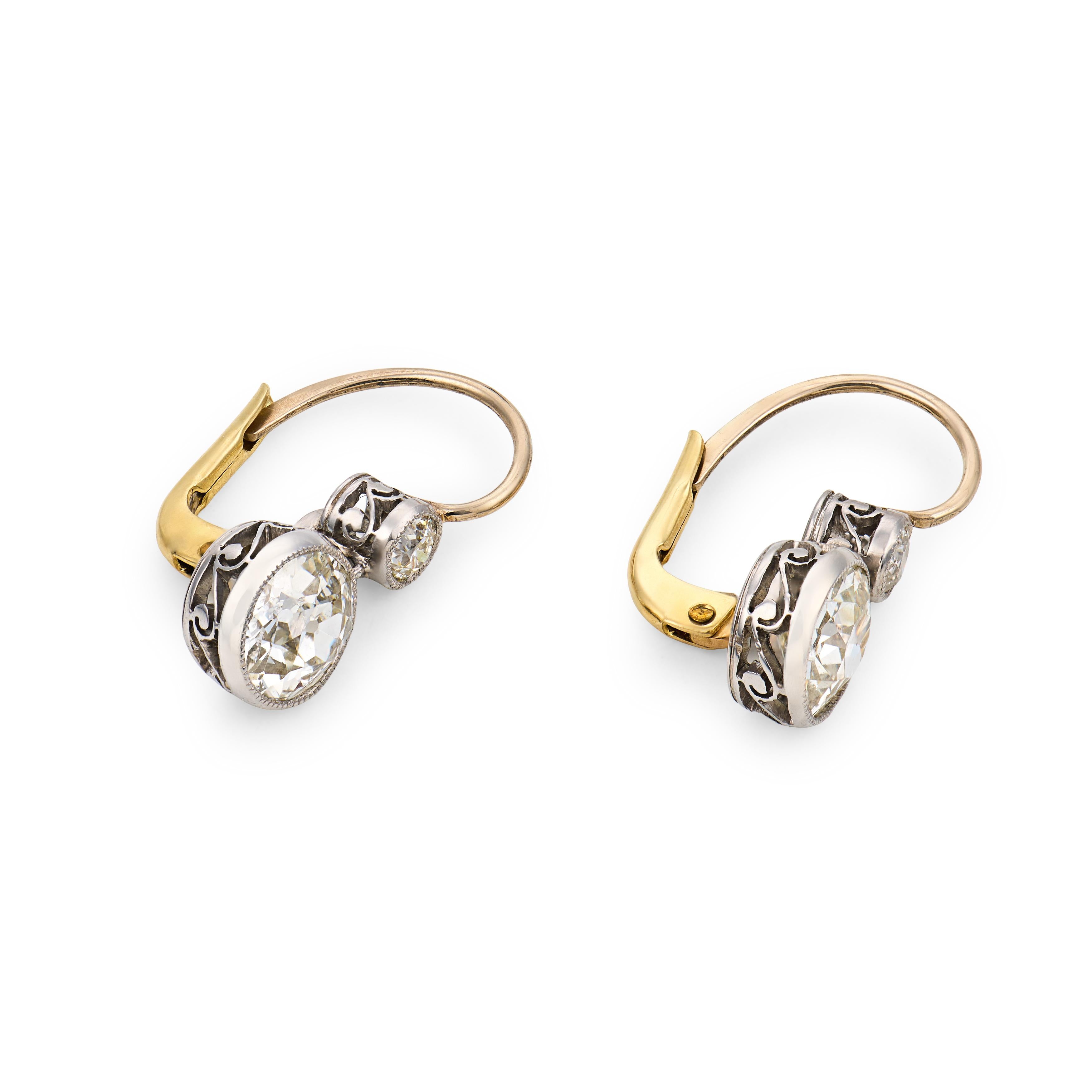 Victorian style 2.23 carat old cut diamond 18k yellow gold platinum earrings