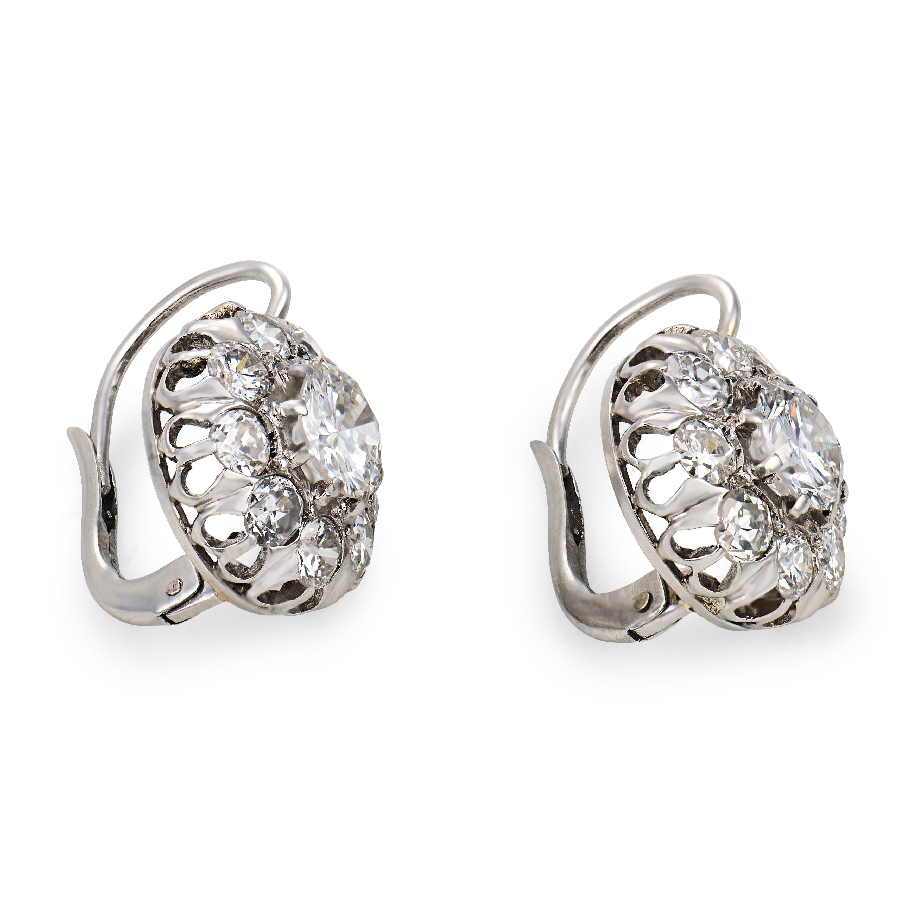 Edwardian style 2.70 carat diamond platinum cluster earrings