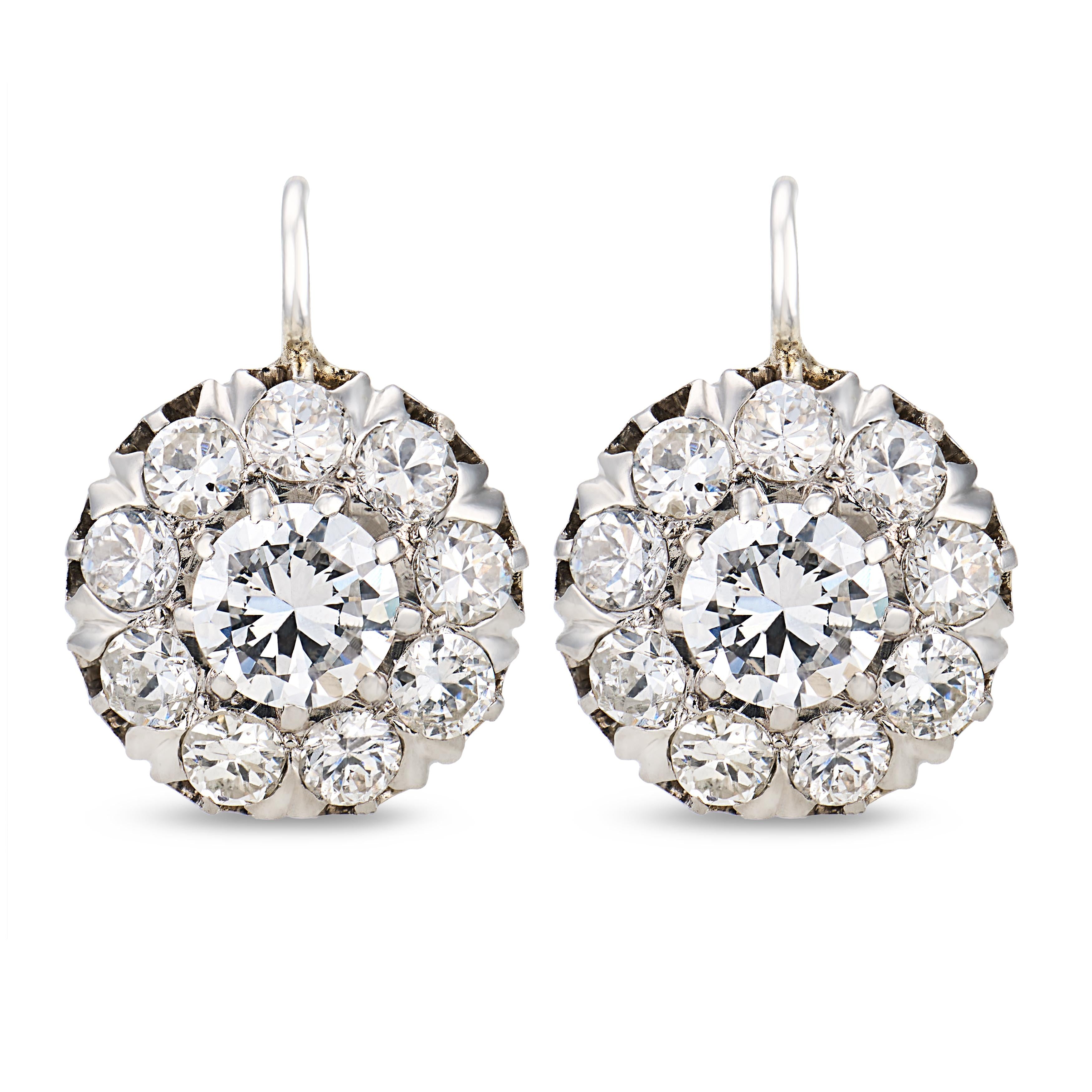 Edwardian style 2.70 carat diamond platinum cluster earrings