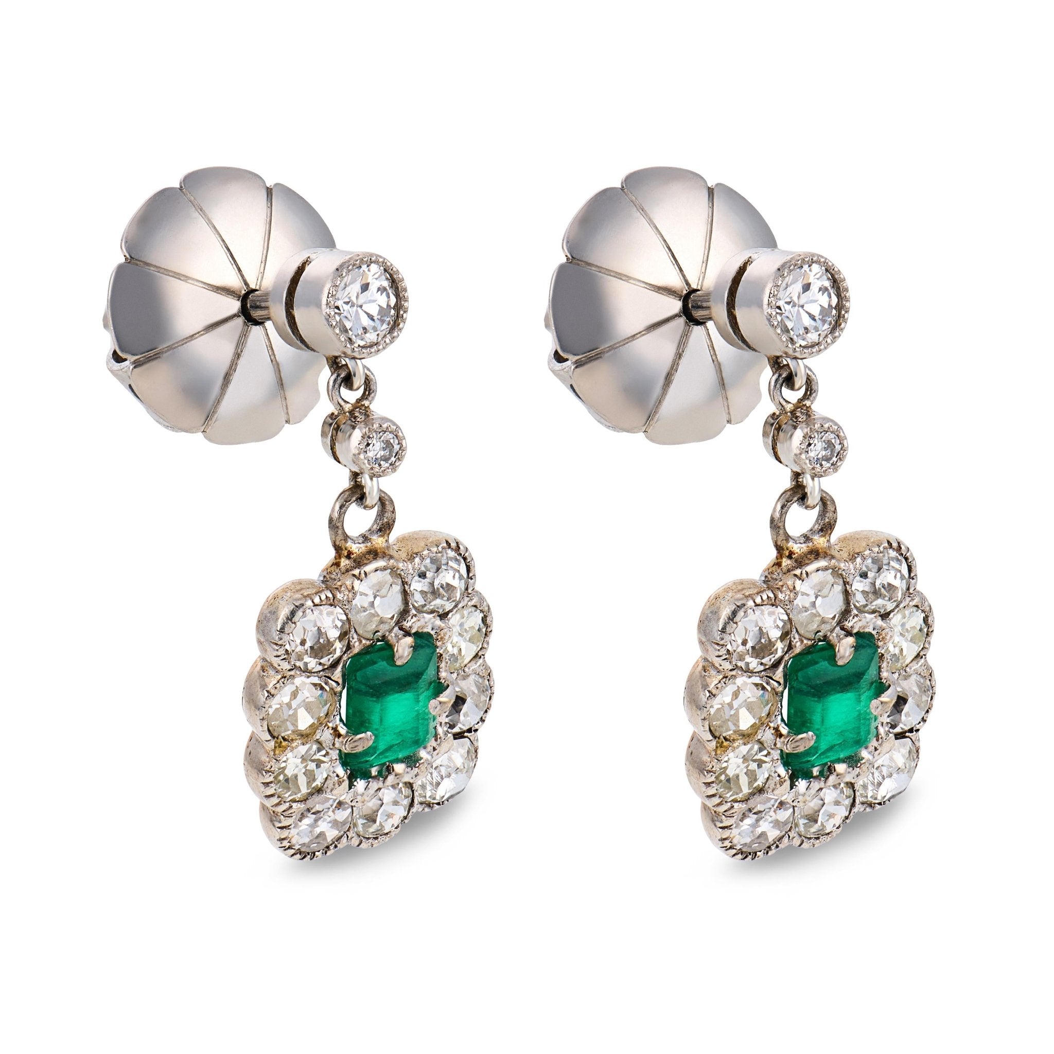 Art Deco emerald diamond 14k white gold cluster earrings