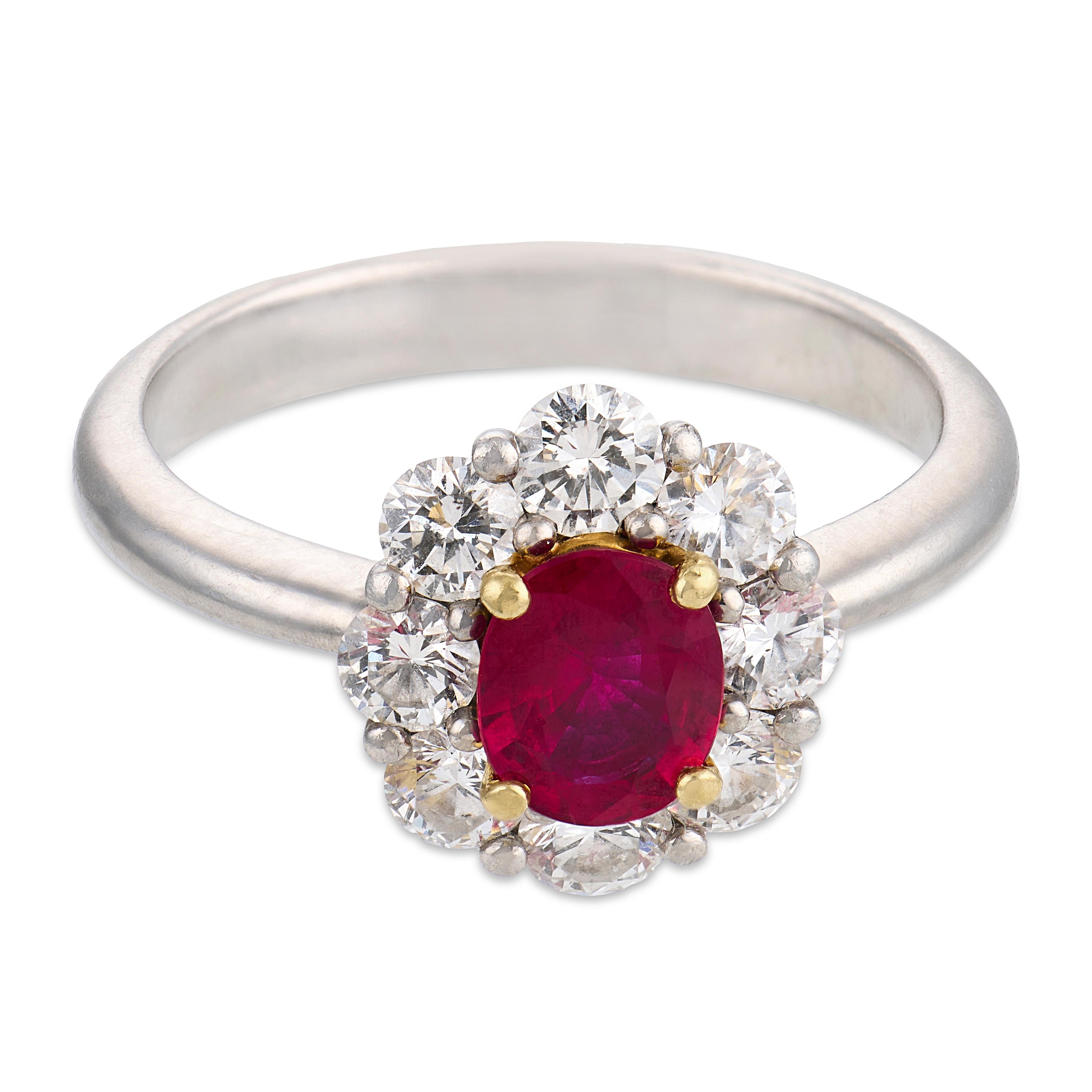 Contemporary ruby diamond platinum and 18k gold cluster ring