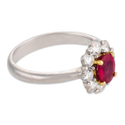 Contemporary ruby diamond platinum and 18k gold cluster ring