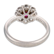 Contemporary ruby diamond platinum and 18k gold cluster ring