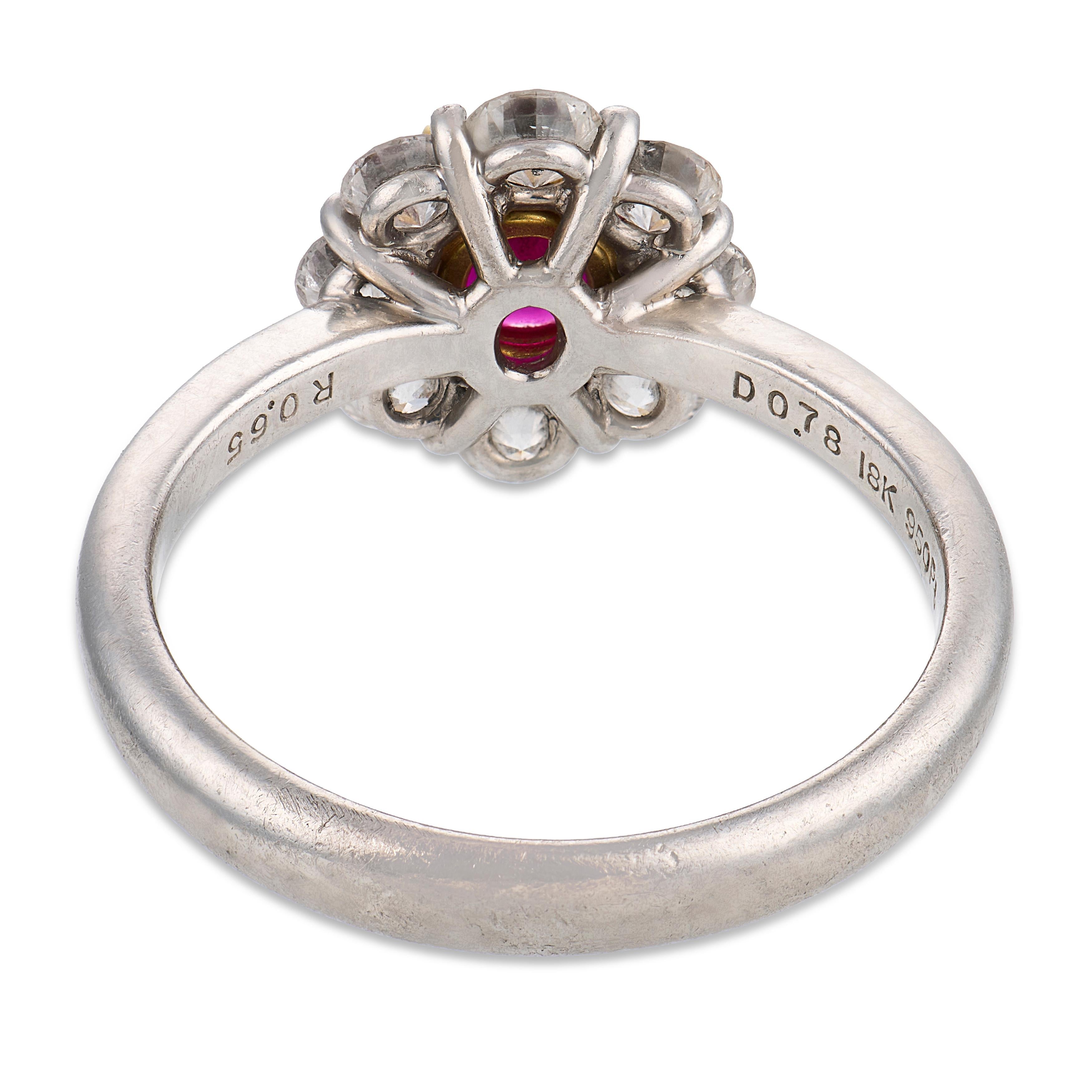Contemporary ruby diamond platinum and 18k gold cluster ring