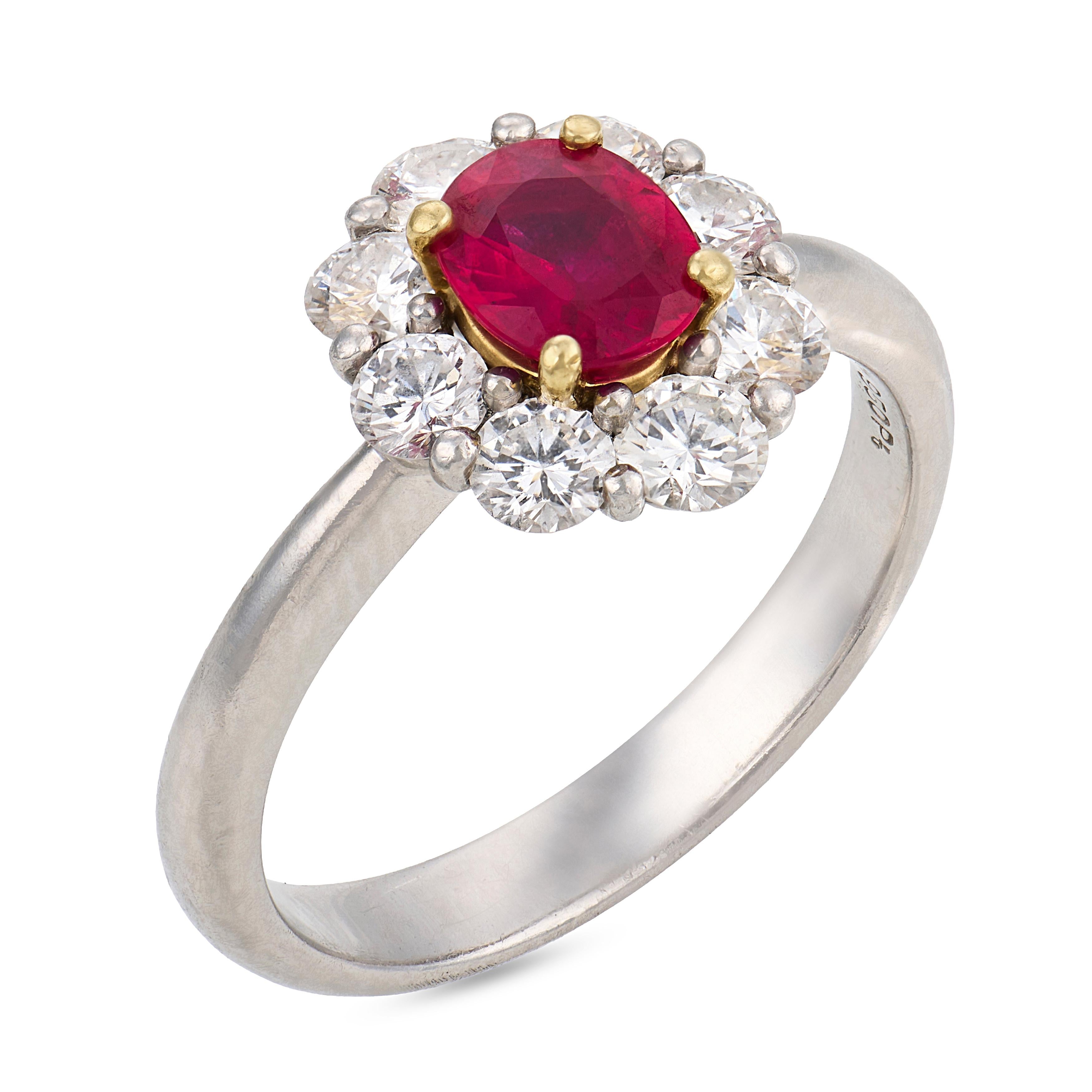 Contemporary ruby diamond platinum and 18k gold cluster ring