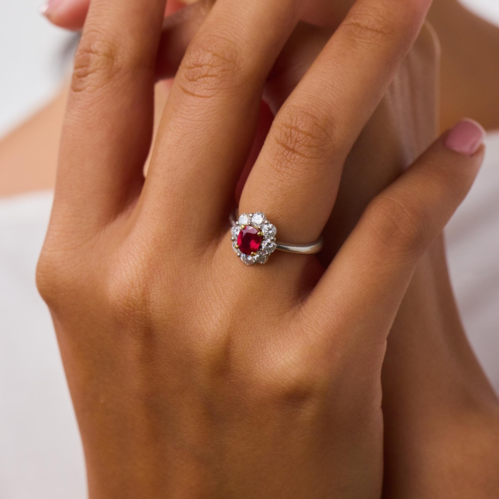 Contemporary ruby diamond platinum and 18k gold cluster ring