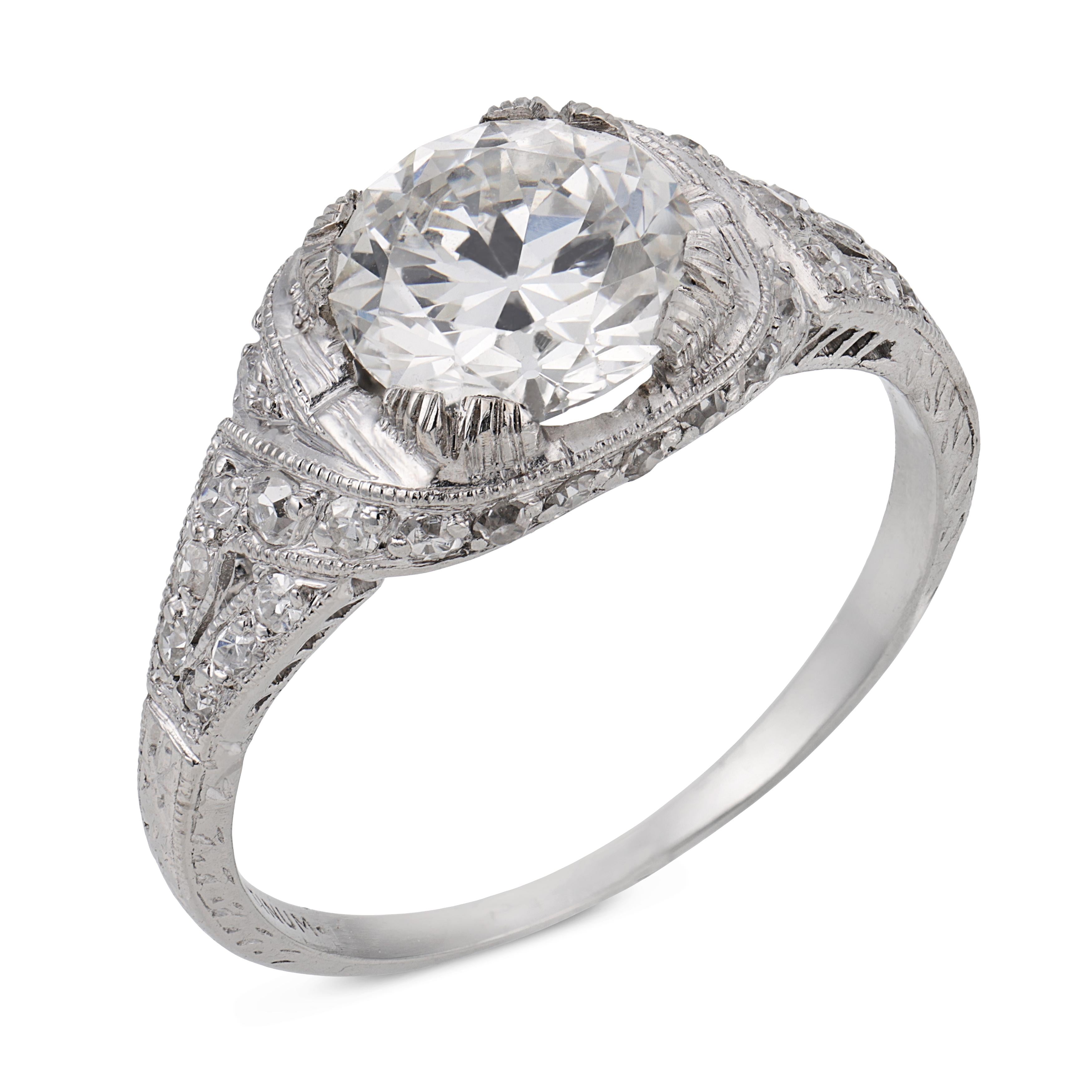 Art Deco GIA 1.40 carat old European cut diamond platinum engagement ring